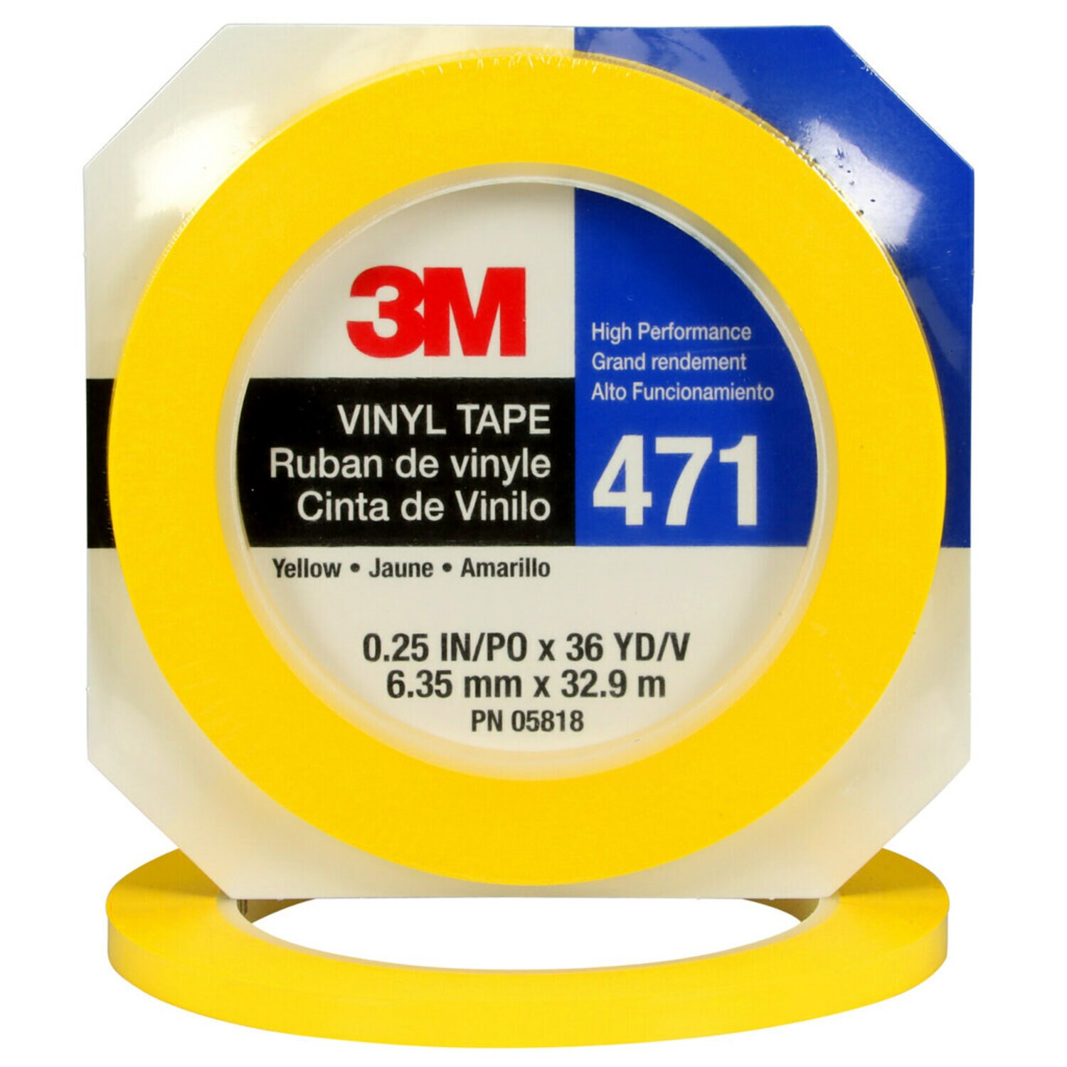 7100044645 - 3M Vinyl Tape 471, Yellow, 1/4 in x 36 yd, 5.2 mil, 144 Roll/Case, Individually Wrapped Conveniently Packaged