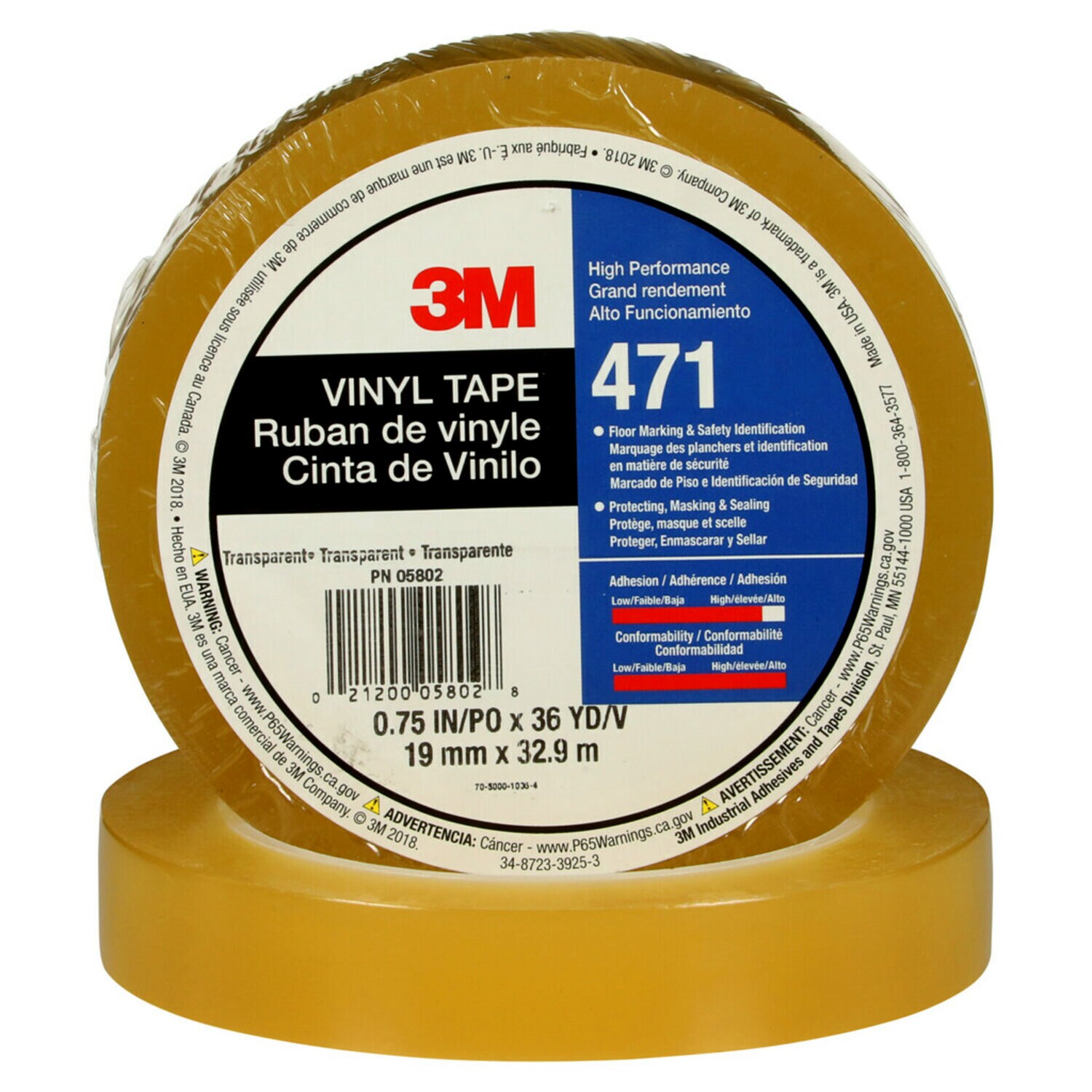 7100049356 - 3M Vinyl Tape 471, Transparent, 3/4 in x 36 yd, 5.2 mil, 48 Roll/Case, Individually Wrapped Conveniently Packaged