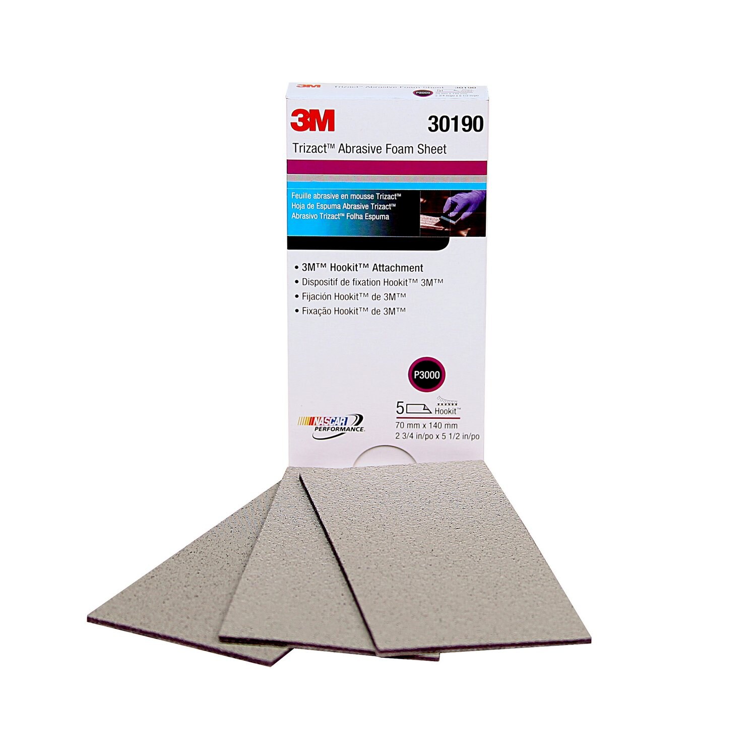 7100072763 - 3M Trizact Hookit Foam Sheet, 30190, 2 3/4 in x 5 1/2 in (70 mm x 140
mm), 3000 grade, 5 sheets per pack, 10 packs per case