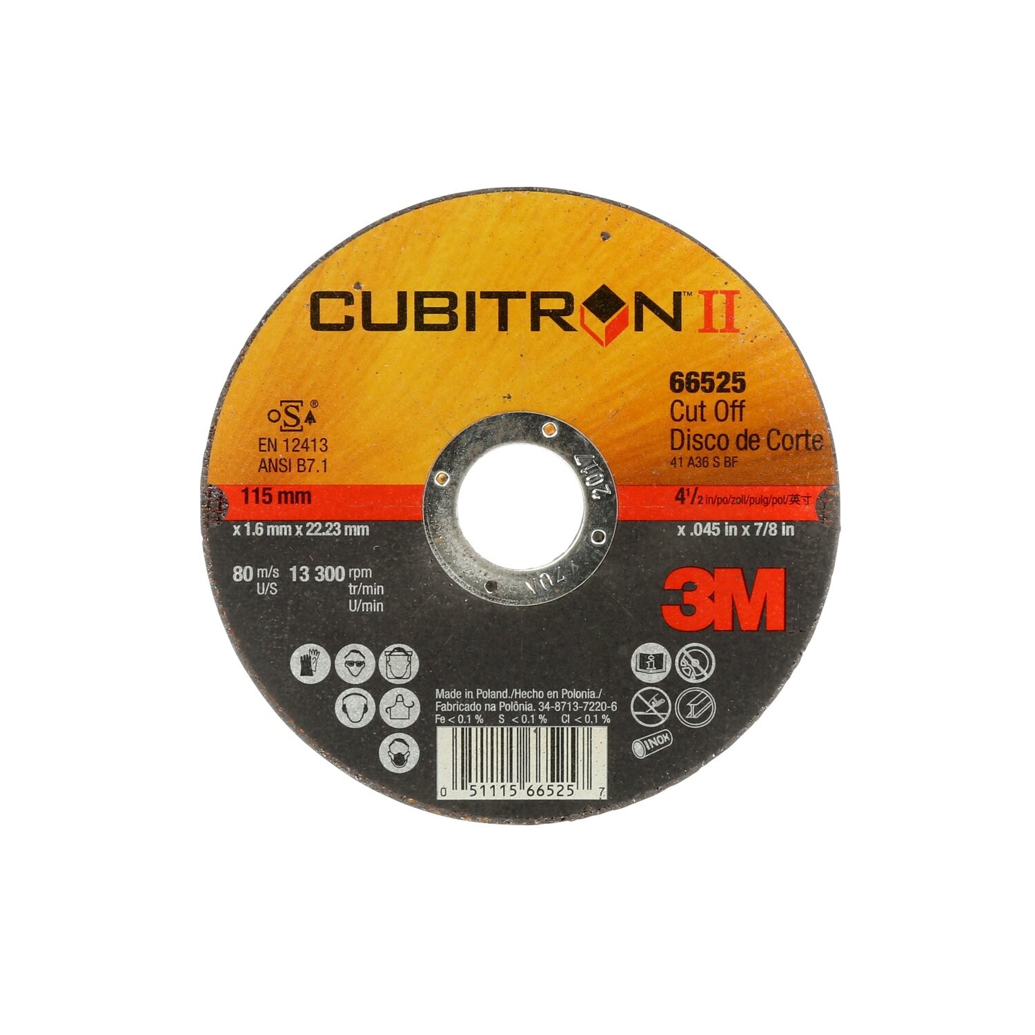 7100228953 - 3M Cubitron II Cut-Off Wheel, 66525, 36, T41, 115 mm x 1.6 mm x 22.23
mm, 25/Inner, 50 ea/Case