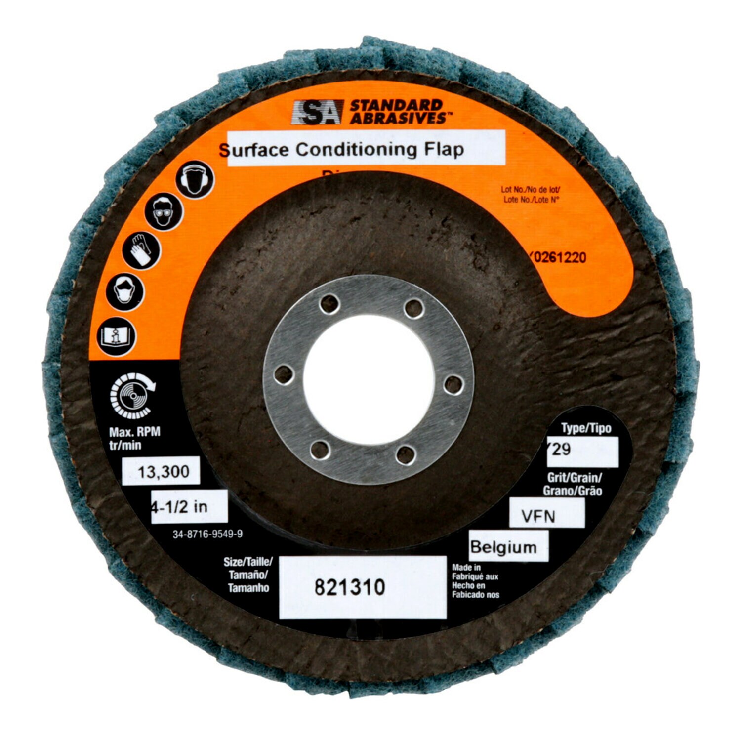 7000121835 - Standard Abrasives Surface Conditioning Flap Disc, 821310, 4-1/2 in x 7/8 in VFN, 5/Carton, 50 ea/Case