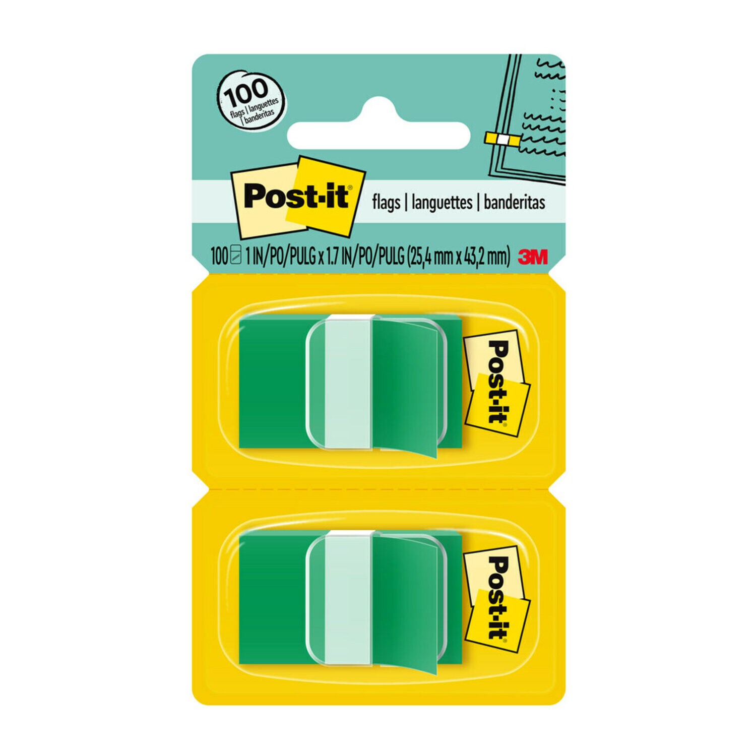 7000052454 - Post-it Flags 680-GN2, 1 in. x 1.7 in. (2.54 cm x 4.31 cm) Green, 2-pk