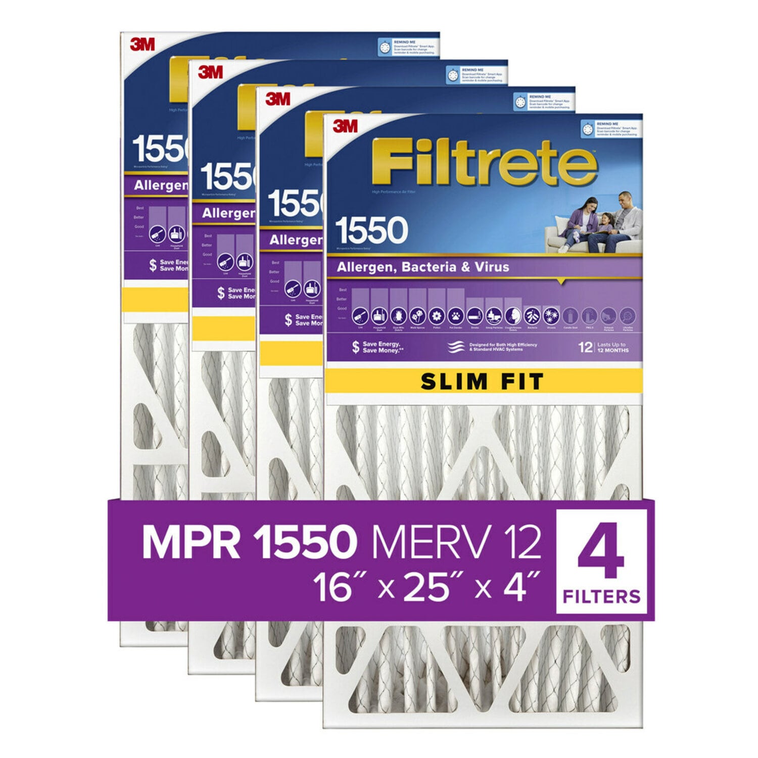 7100096893 - Filtrete Allergens, Bacteria & Viruses Air Filter 1550 MPR NDP01-4S-4, 16 in x 25 in x 4 in (40.6 cm x 63.5 cm x 10.1 cm)