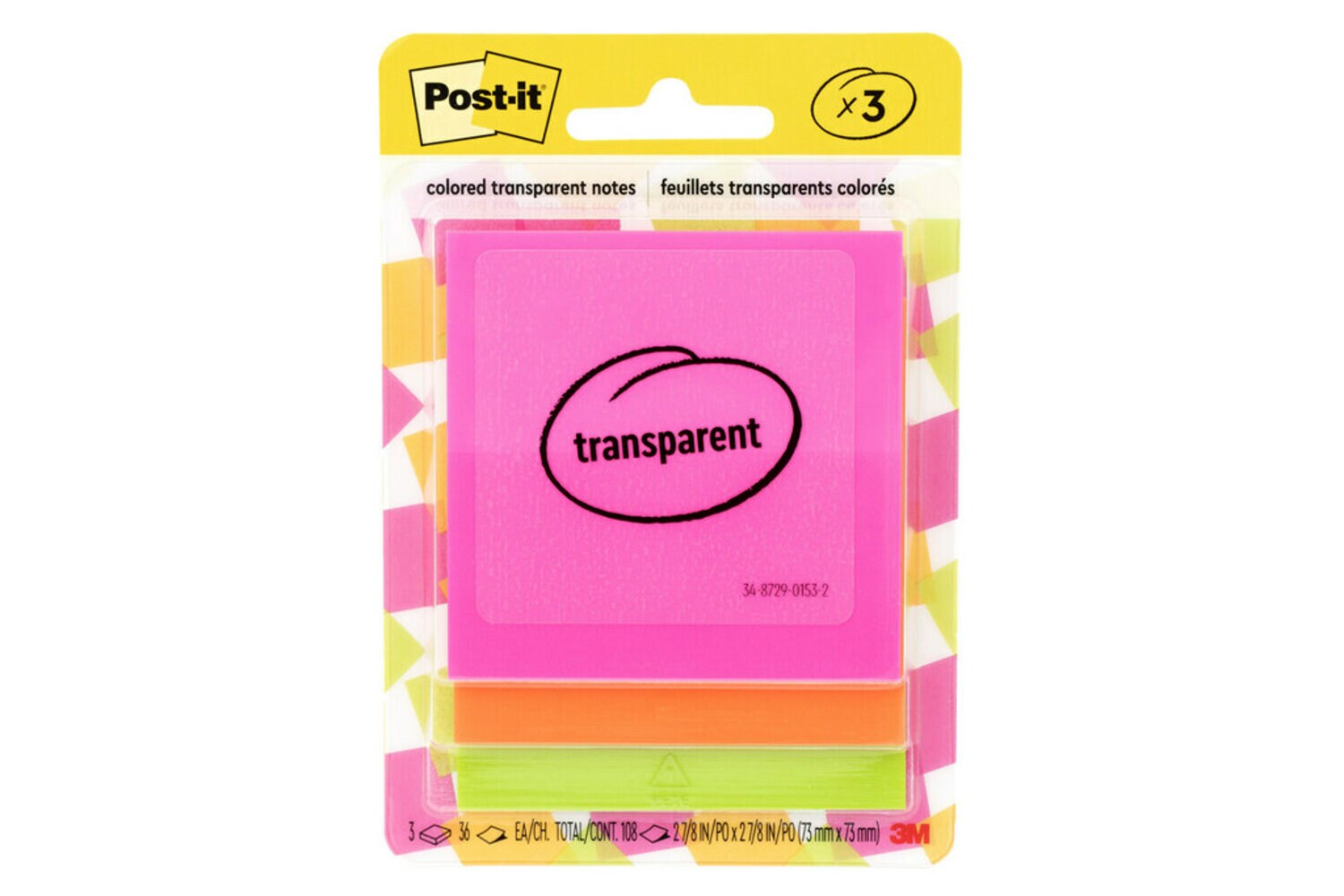 7100293033 - Post-it Transparent Notes 600-3COL, 2-7/8 in x 2-7/8 in (73 mm x 73 mm)