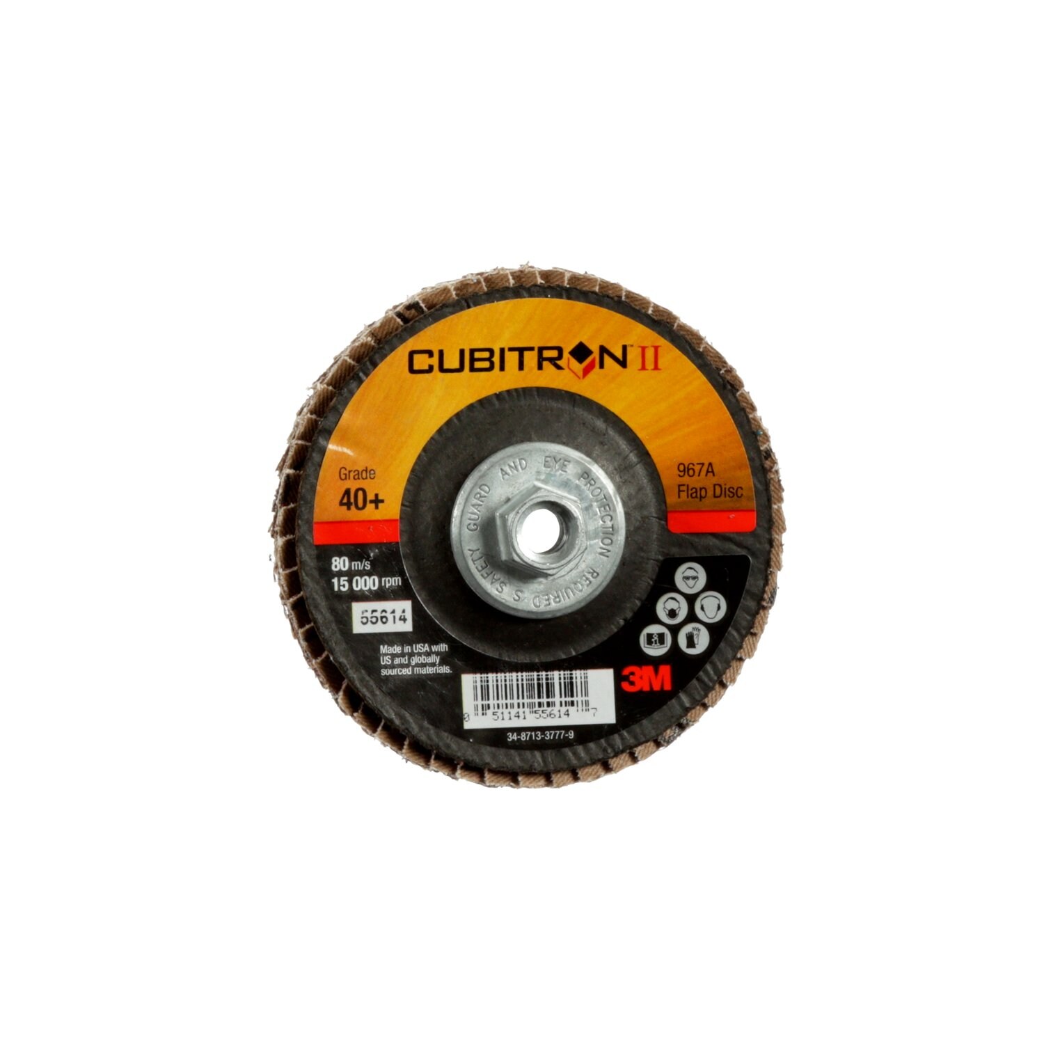 7010327056 - 3M Cubitron II Flap Disc 967A, 40+, T29 Quick Change, 4 in x 3/8"-24, 10 ea/Case