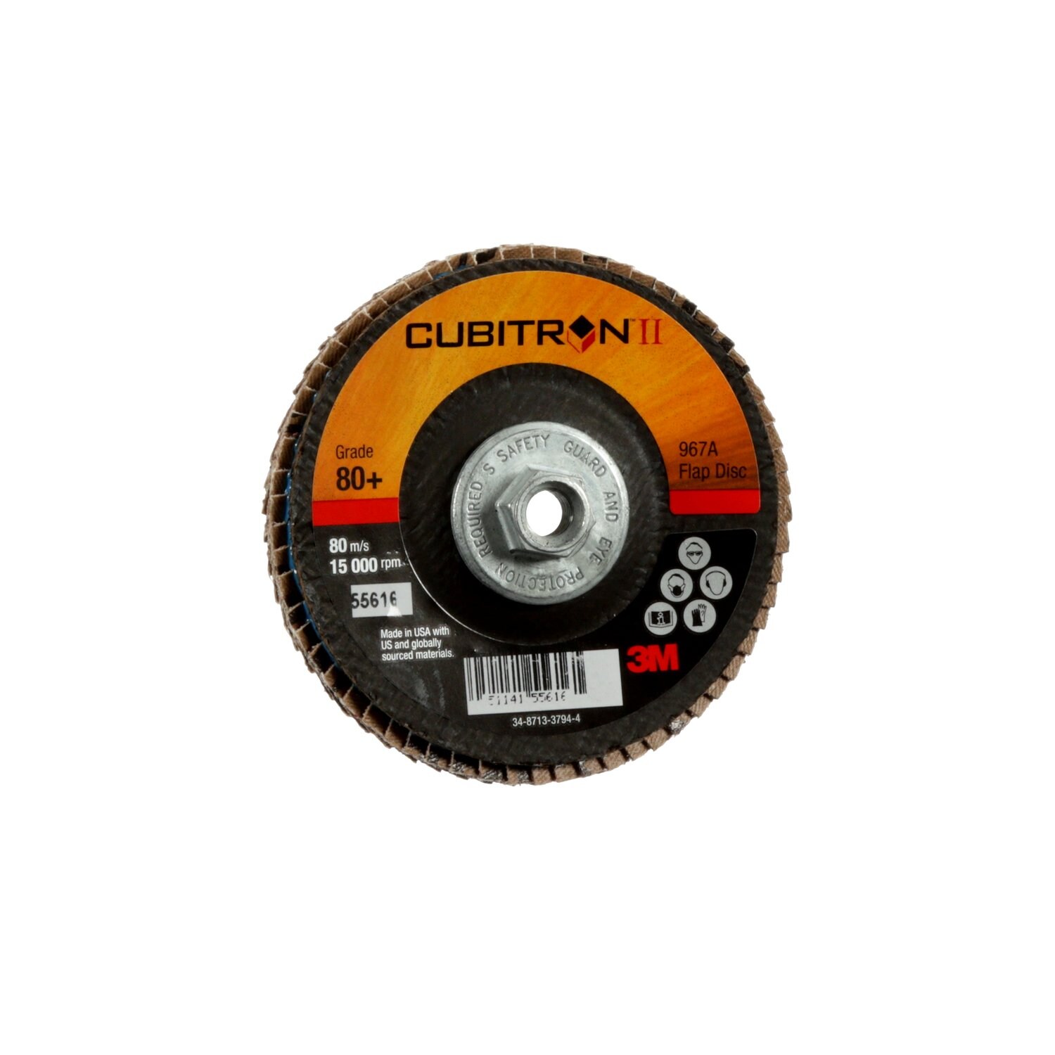 7010308943 - 3M Cubitron II Flap Disc 967A, 80+, T29 Quick Change, 4 in x 3/8"-24, 10 ea/Case
