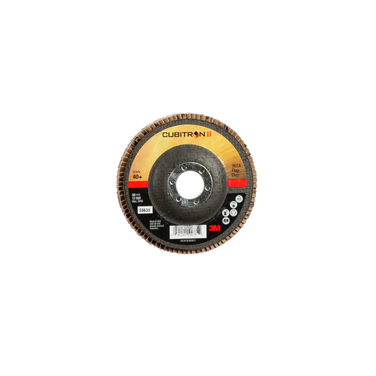 7100085781 - 3M Cubitron II Flap Disc 967A, 40+, T27, 4-1/2 in x 7/8 in, Giant, 10 ea/Case