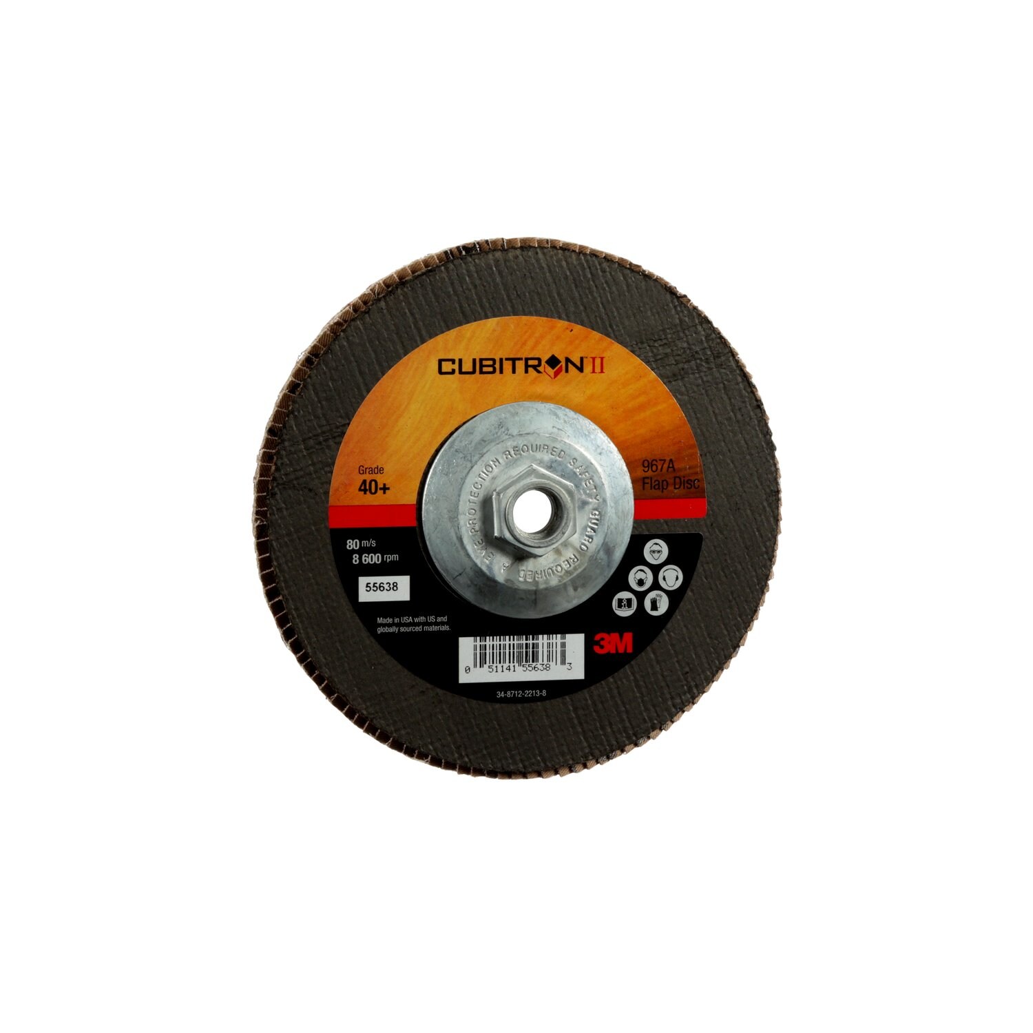7010308946 - 3M Cubitron II Flap Disc 967A, 40+, T27 Quick Change, 7 in x 5/8"-11, Giant, 5 ea/Case