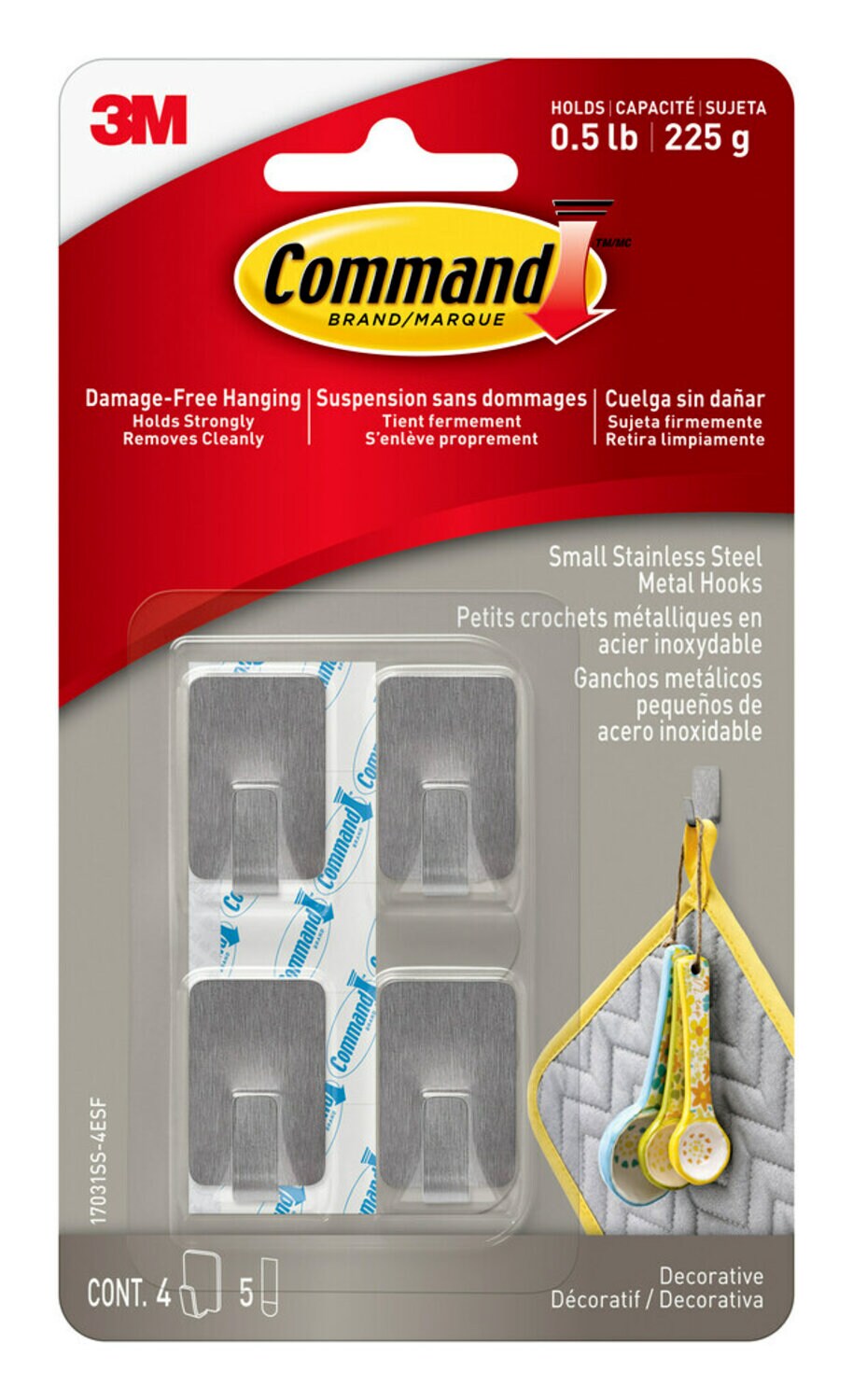 7100338752 - Command Small Stainless Steel Metal Hooks 17031SS-4ESF, 4 Hooks, 5 Strips