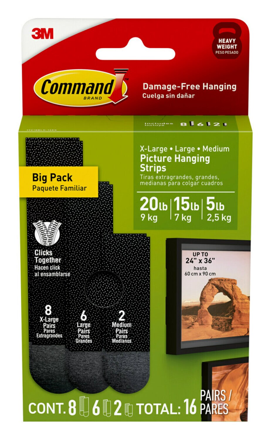 7100338663 - Command Black Picture Hanging Strip Mixed Pack 17218BLK-16ES, 16 Pairs