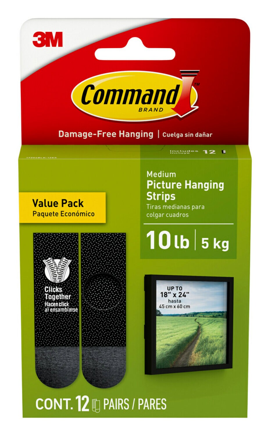 7100337250 - Command 10 lb Black Picture Hanging Strips 17204BLK-12ES, Value Pack, 12 Pairs