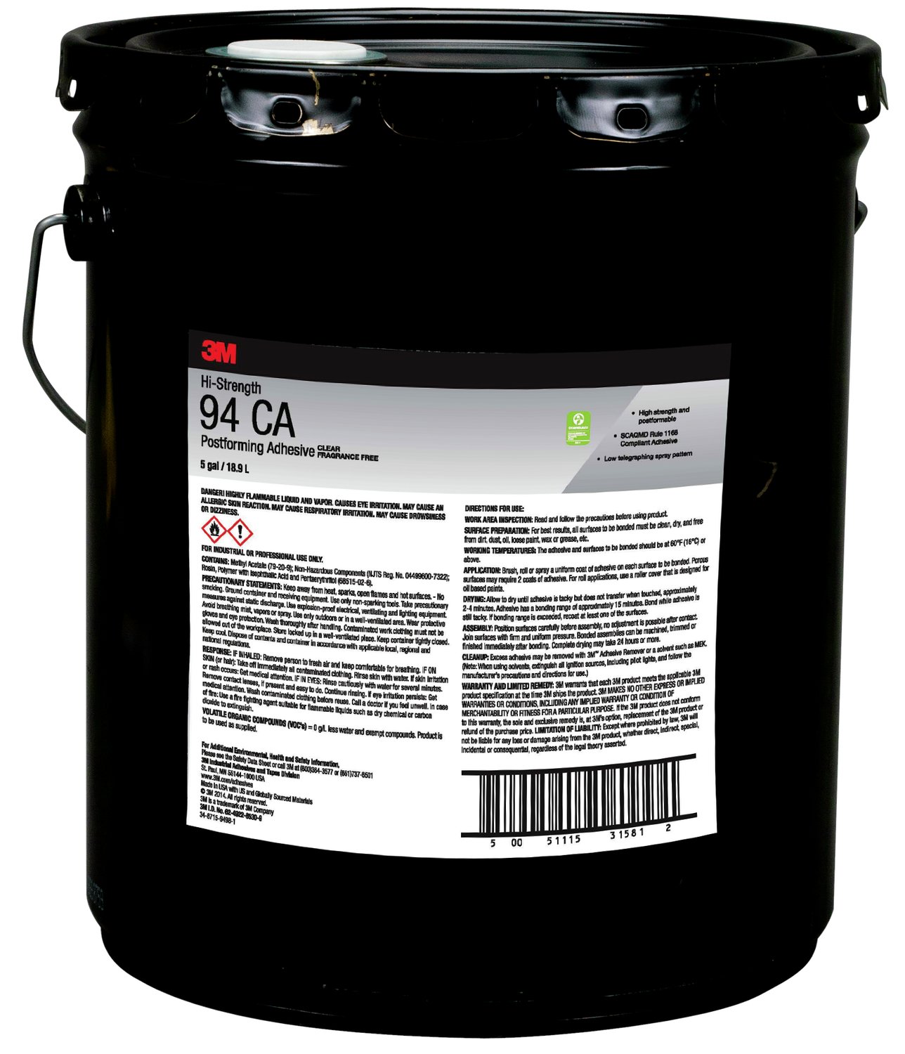 7100139494 - 3M Hi-Strength Postforming 94 CA Adhesive, Clear, 5 Gallon (Pail), Drum