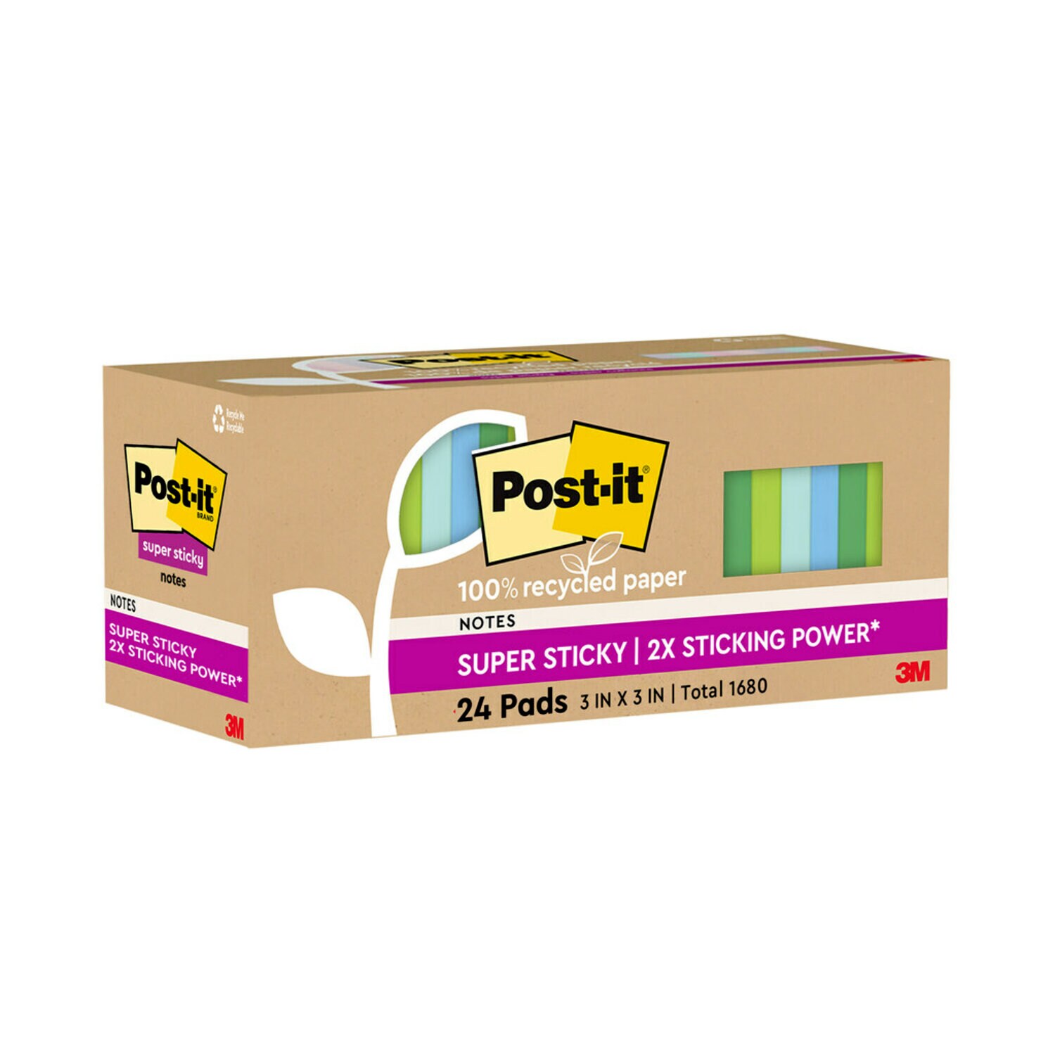 7100290345 - Post-it Super Sticky Recycled Notes 654R-24SST-CP, 3 in x 3 in (76 mm x 76 mm)
