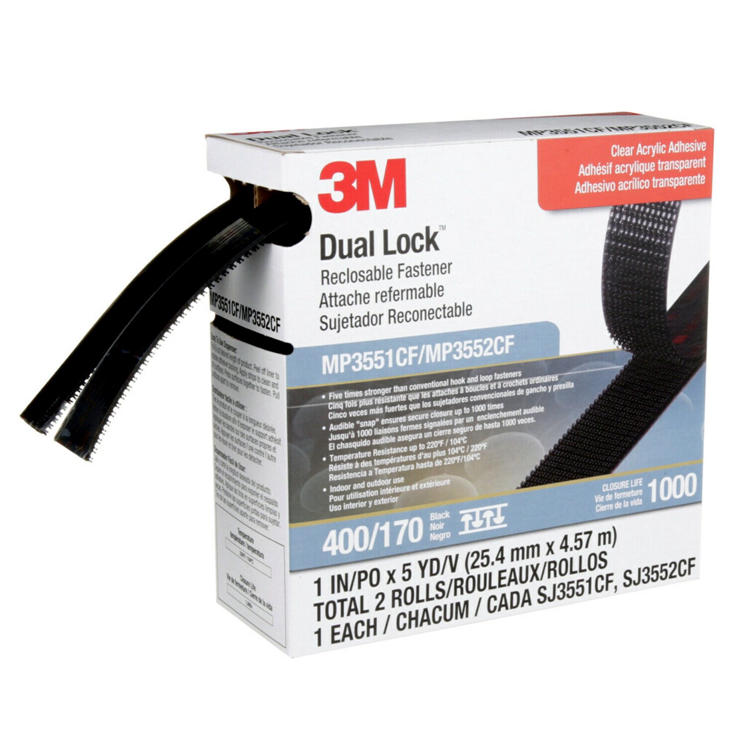 7100276500 - 3M Dual Lock Reclosable Fastener MP3551CF/MP3552CF, Black, 1 in x 5 yd, Type 400/170, 5 Packs/Case