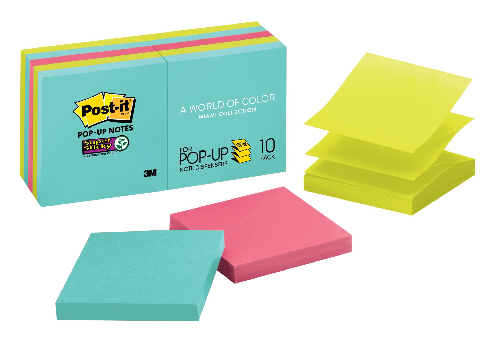 7100089132 - Post-it® Super Sticky Pop-up Notes R330-10SSMIA, 3 in x 3 in (76 mm x 76 mm), Miami collection, 10 Pads/Pack, 90 Sheets/Pad