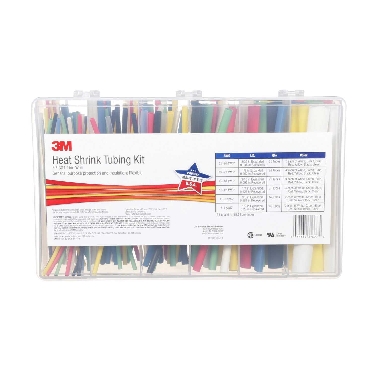 7000031588 - 3M Heat Shrink Thin-Wall Tubing FP-301-Color Assorted Kit, 133 total 6 in tubes of flexible polyolefin heat shrink, 5 Kits / Case