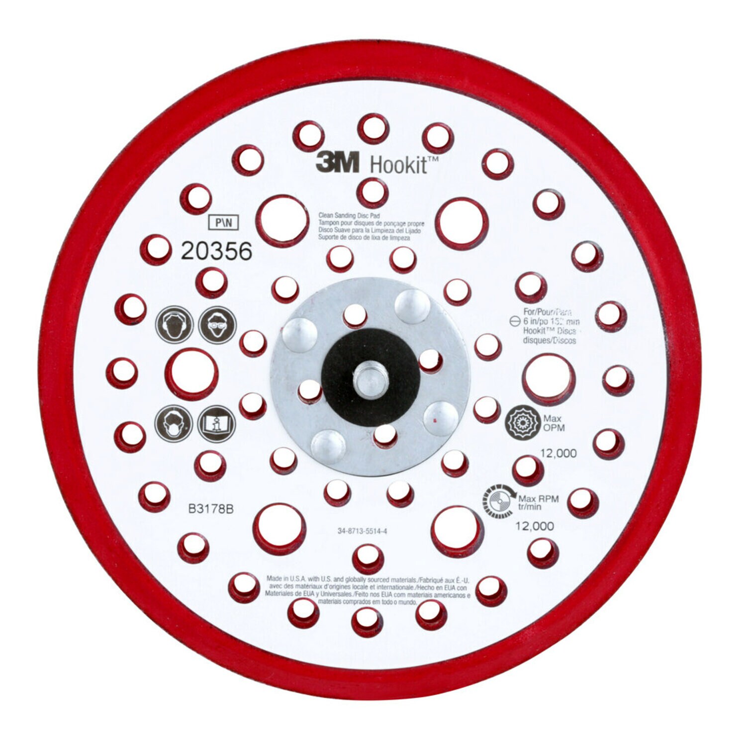7100027464 - 3M Xtract Low Profile Back-up Pad, 20356, 6 in x 3/8 in x 5/16 in-24 External, 52 Holes, Red Foam, 10 ea/Case