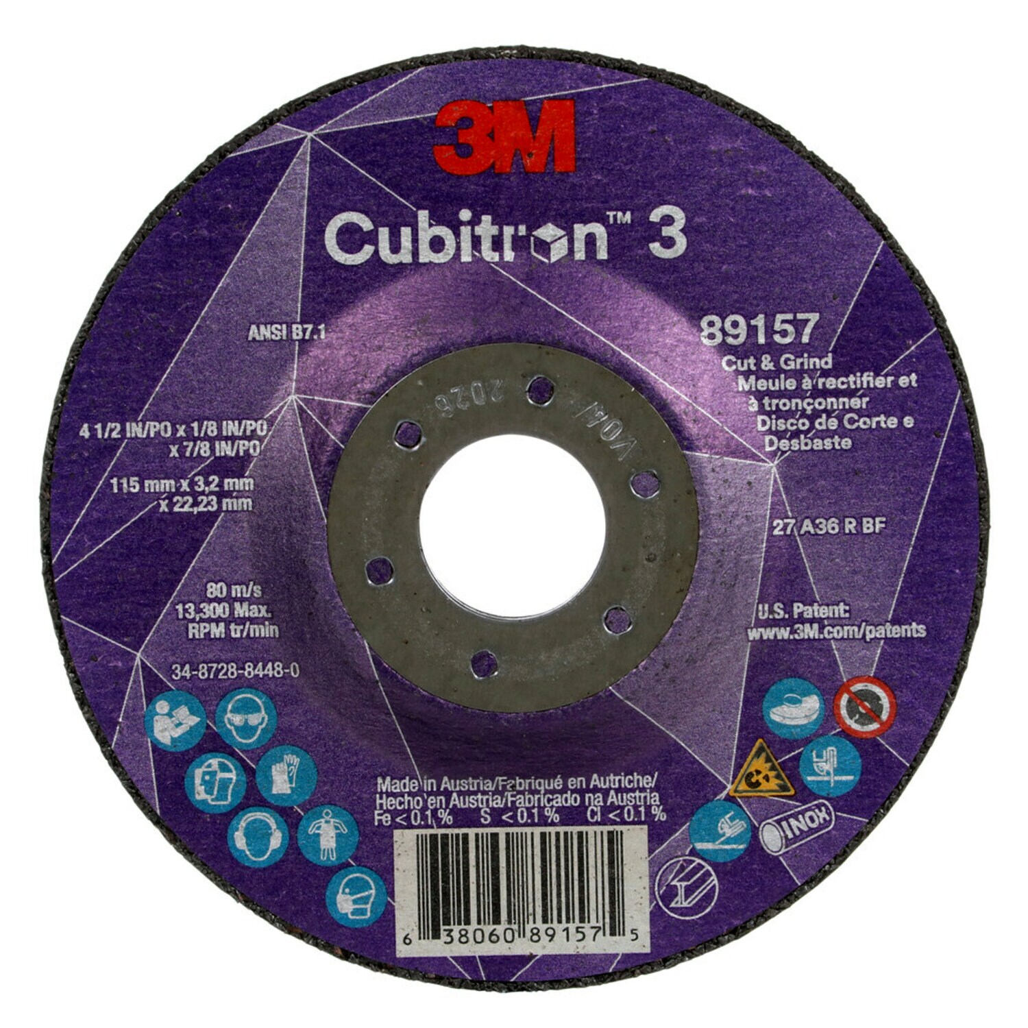 7100305149 - 3M Cubitron 3 Cut and Grind Wheel, 89157, 36+, T27, 4-1/2 in x 1/8 in
x 7/8 in (115 x 3.2 x 22.23 mm), ANSI, 10/Pack, 20 ea/Case