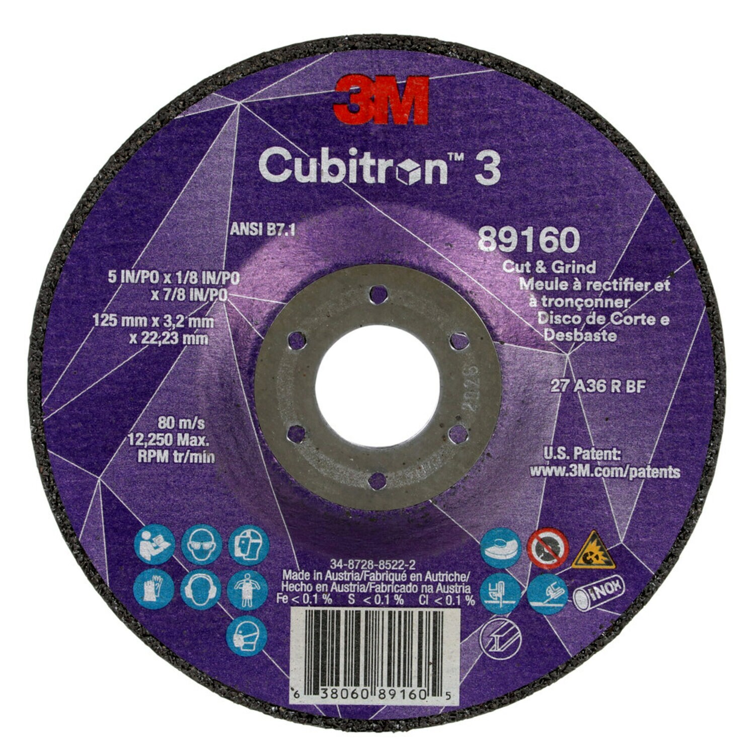 7100305151 - 3M Cubitron 3 Cut and Grind Wheel, 89160, 36+, T27, 5 in x 1/8 in x
7/8 in (125 x 3.2 x 22.23 mm), ANSI, 10/Pack, 20 ea/Case