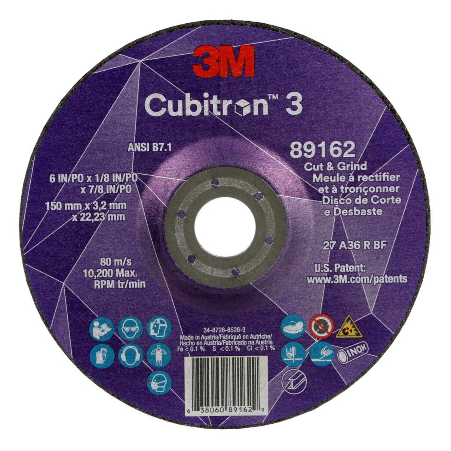 7100313586 - 3M Cubitron 3 Cut and Grind Wheel, 89162, 36+, T27, 6 in x 1/8 in x 7/8 in (150 x 3.2 x 22.23 mm), ANSI, 10/Pack, 20 ea/Case