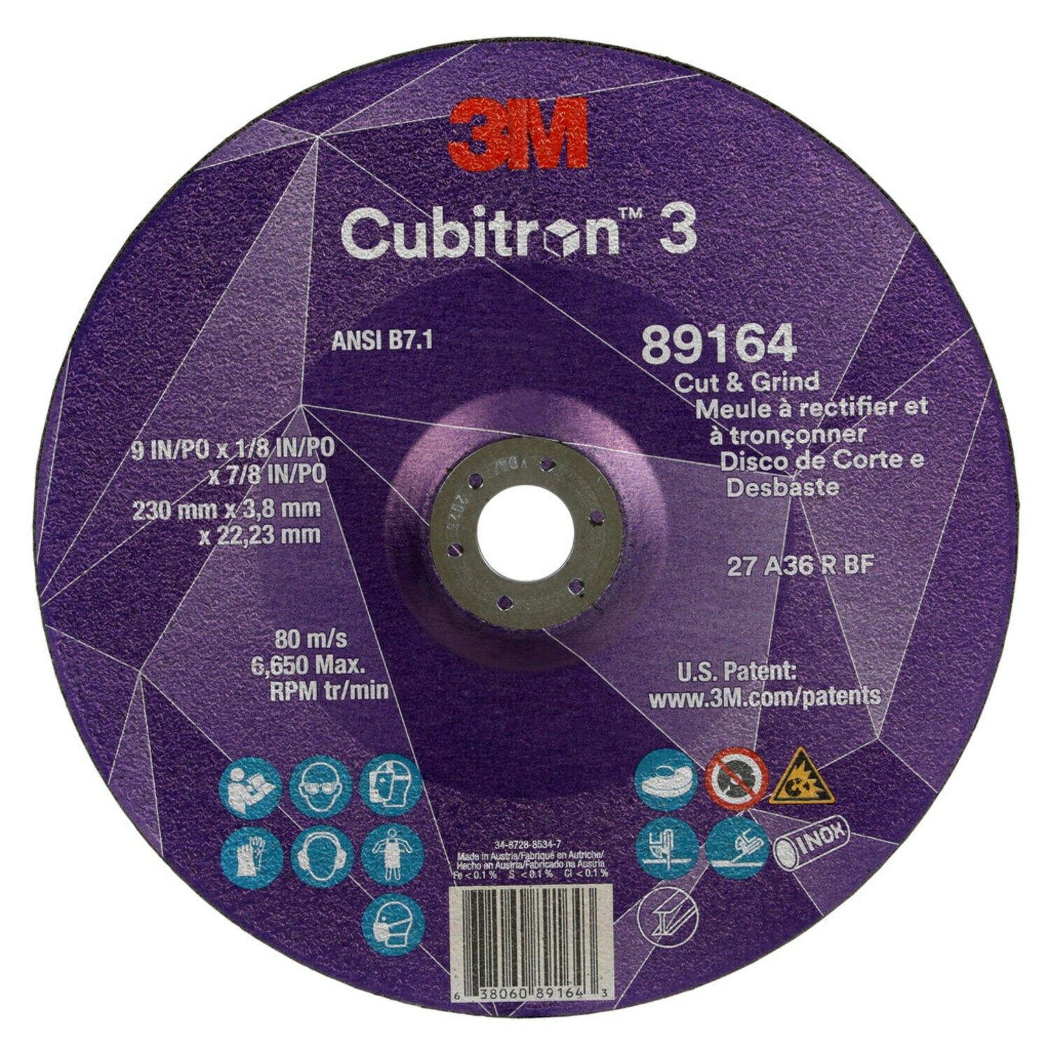 7100313759 - 3M Cubitron 3 Cut and Grind Wheel, 89164, 36+, T27, 9 in x 1/8 in x
7/8 in (230 x 3.2 x 22.23 mm), ANSI, 10/Pack, 20 ea/Case