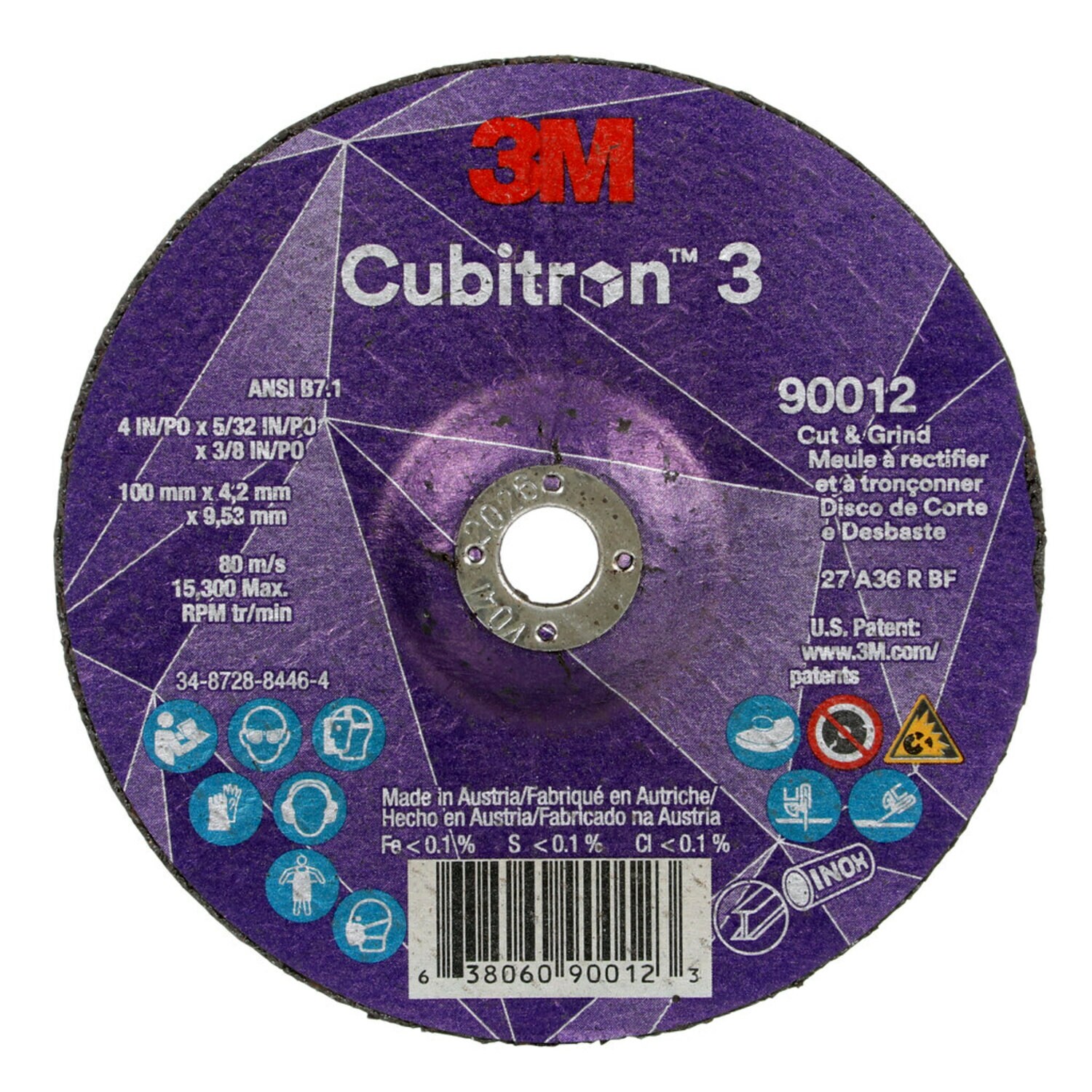 7100305152 - 3M Cubitron 3 Cut and Grind Wheel, 90012, 36+, T27, 4 in x 5/32 in x
3/8 in (100 x 4.2 x 9.53 mm), ANSI, 10/Pack, 20 ea/Case