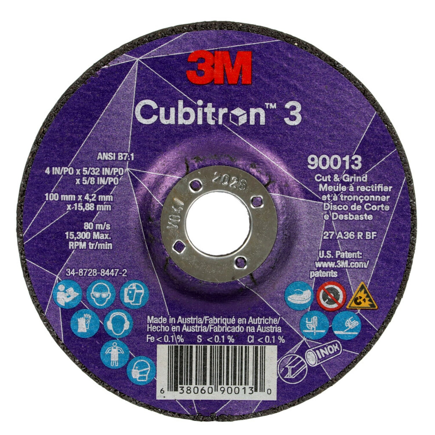 7100305443 - 3M Cubitron 3 Cut and Grind Wheel, 90013, 36+, T27, 4 in x 5/32 in x 5/8 in (100 x 4.2 x 15.88 mm), ANSI, 10/Pack, 20 ea/Case