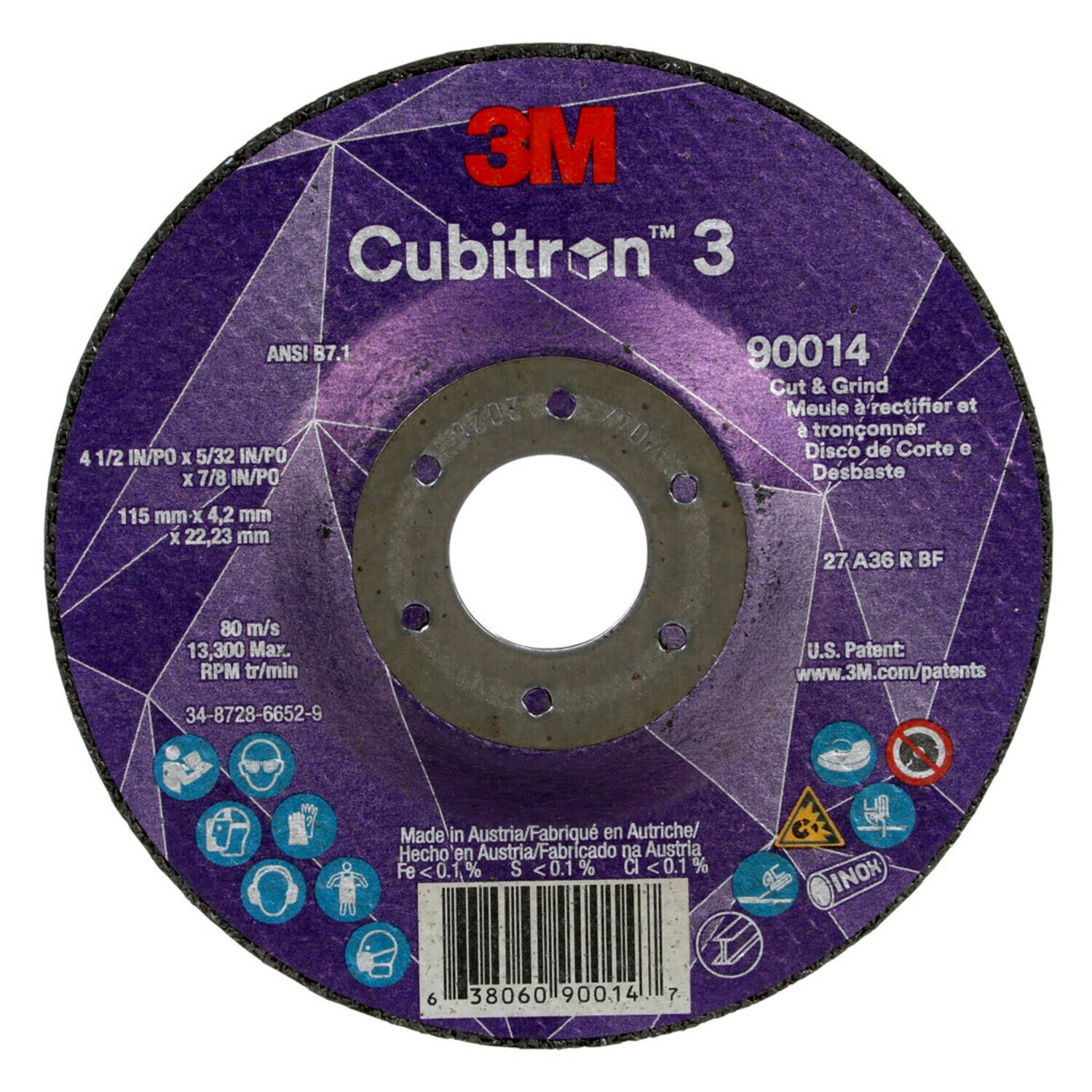 7100303968 - 3M Cubitron 3 Cut and Grind Wheel, 90014, 36+, T27, 4-1/2 in x 5/32 in x 7/8 in (115 x 4.2 x 22.23 mm) ANSI, 10/Pack, 20 ea/Case