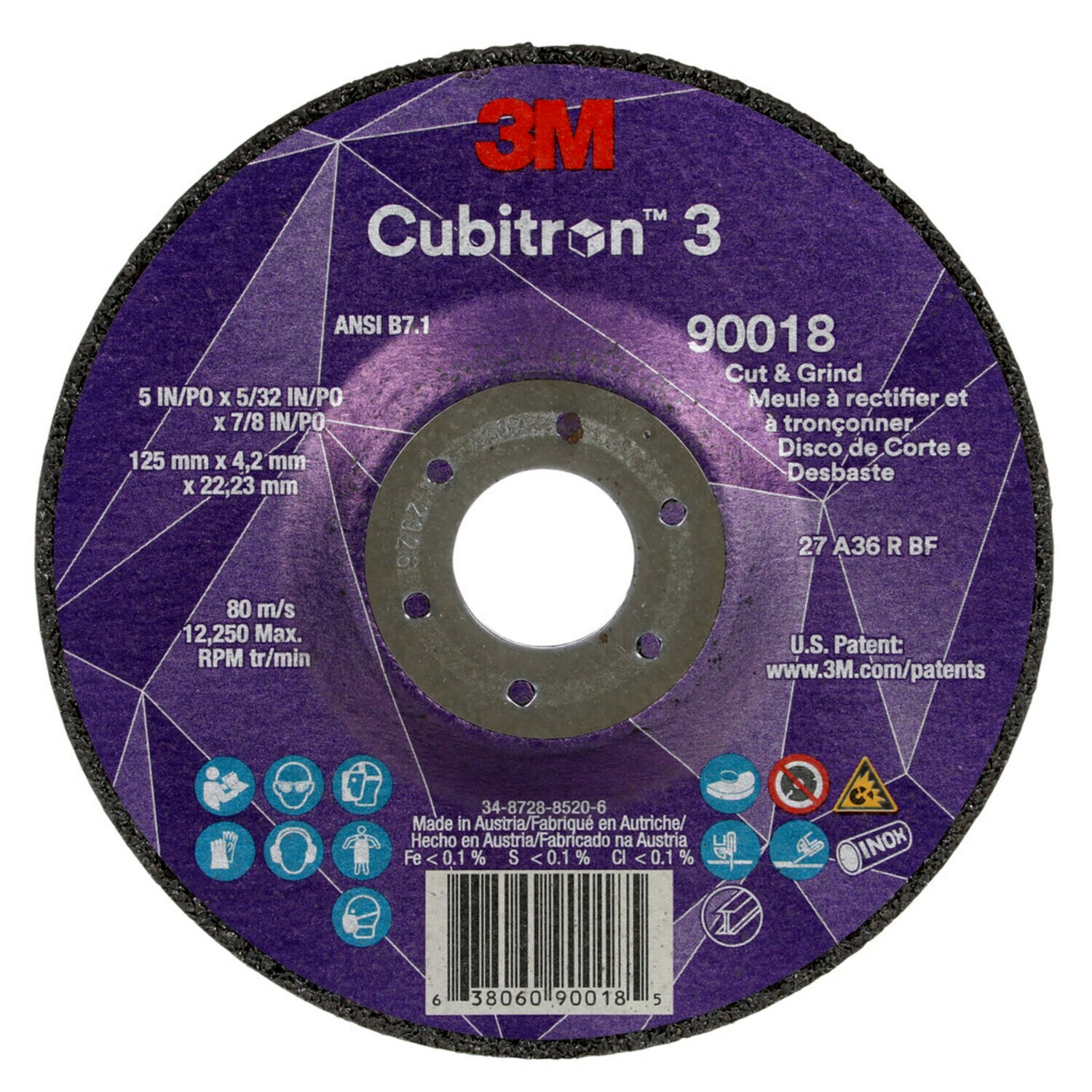 7100305444 - 3M Cubitron 3 Cut and Grind Wheel, 90018, 36+, T27, 5 in x 5/32 in
x7/8 in (125 x 4.2 x 22.23 mm), ANSI, 10/Pack, 20 ea/Case