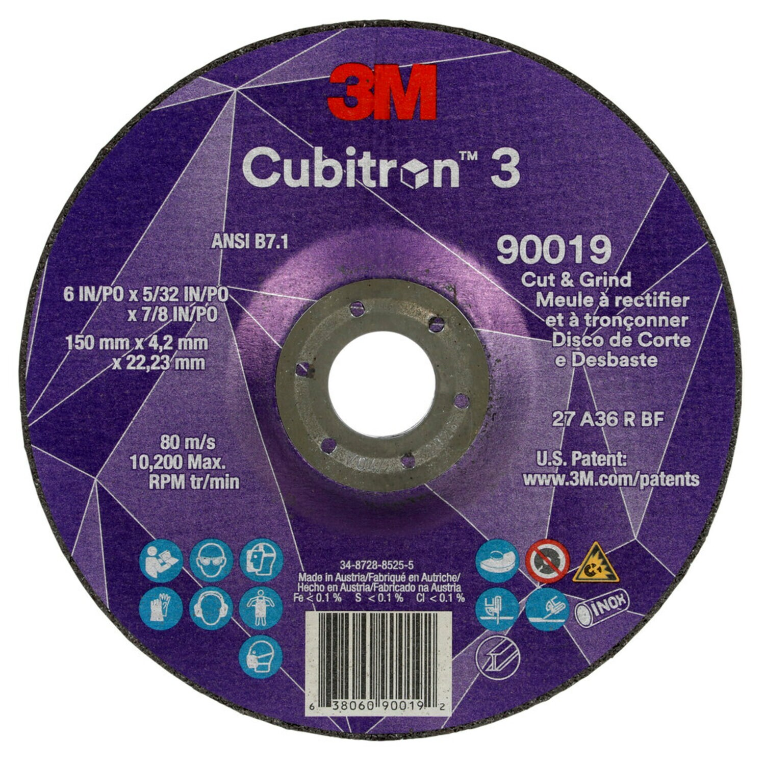 7100313552 - 3M Cubitron 3 Cut and Grind Wheel, 90019, 36+, T27, 6 in x 5/32 in x 7/8 in (150 x 4.2 x 22.23 mm), ANSI, 10/Pack, 20 ea/Case