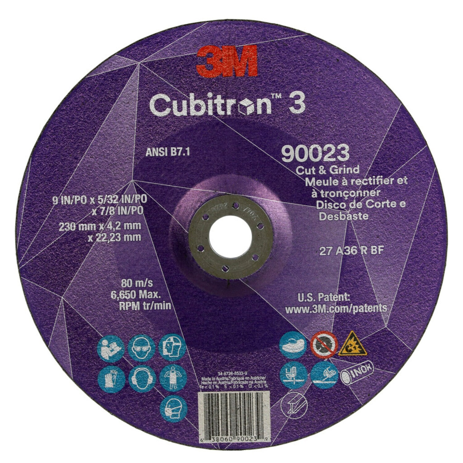 7100313199 - 3M Cubitron 3 Cut and Grind Wheel, 90023, 36+, T27, 9 in x 5/32 in x 7/8 in (230 x 4.2 x 22.23 mm), ANSI, 10/Pack, 20 ea/Case