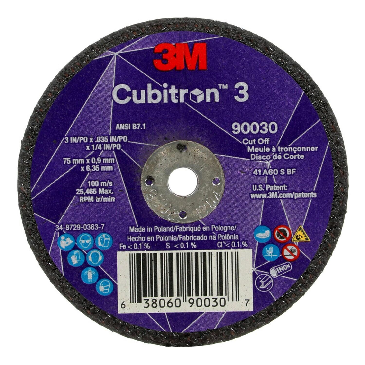 7100303860 - 3M Cubitron 3 Cut-Off Wheel, 90030, 60+, T1, 3 in x 0.035 in x 1/4 in
(75 x 0.9 x 6.35 mm), ANSI, 25/Pack, 50 ea/Case