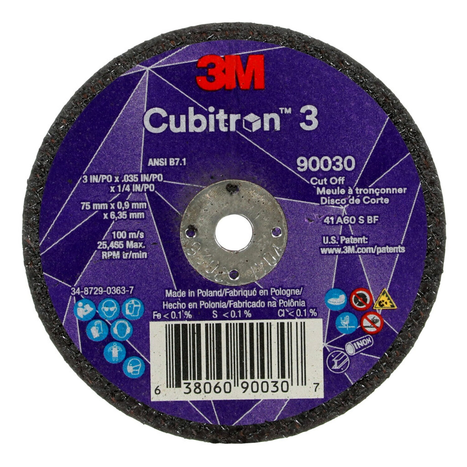7100303860 - 3M Cubitron 3 Cut-Off Wheel, 90030, 60+, T1, 3 in x 0.035 in x 1/4 in (75 x 0.9 x 6.35 mm), ANSI, 25/Pack, 50 ea/Case