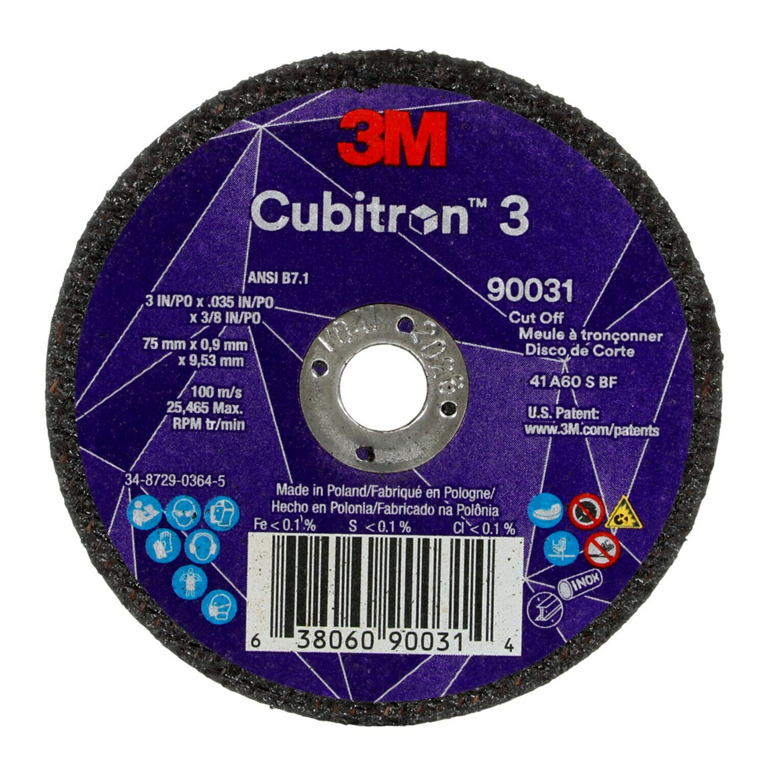 7100303859 - 3M Cubitron 3 Cut-Off Wheel, 90031, 60+, T1, 3 in x 0.035 in x 3/8 in (75 x 0.9 x 9.53 mm), ANSI, 25/Pack, 50 ea/Case