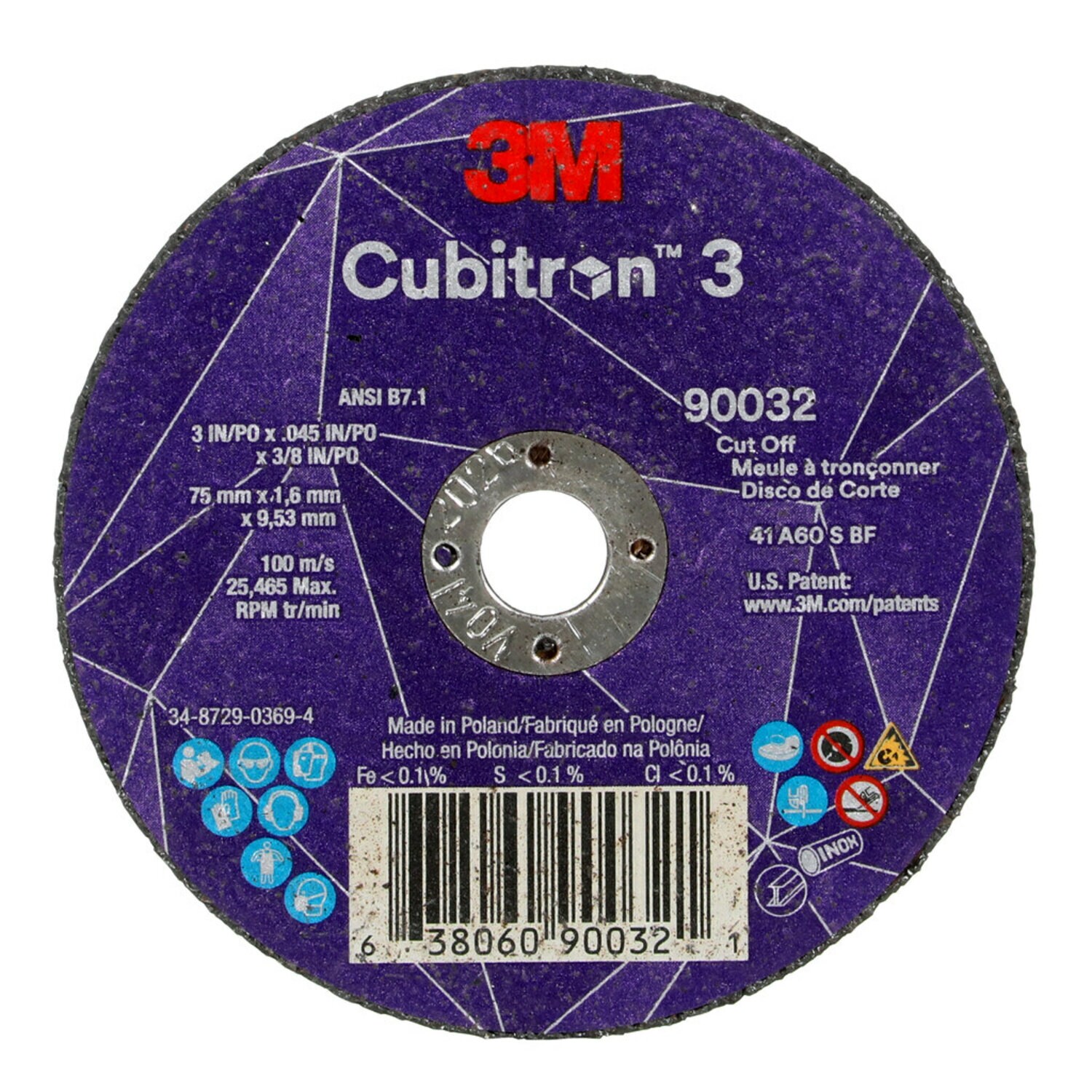 7100303858 - 3M Cubitron 3 Cut-Off Wheel, 90032, 60+, T1, 3 in x 0.045 in x 3/8 in
(75 x 1.6 x 9.53 mm), ANSI, 25/Pack, 50 ea/Case