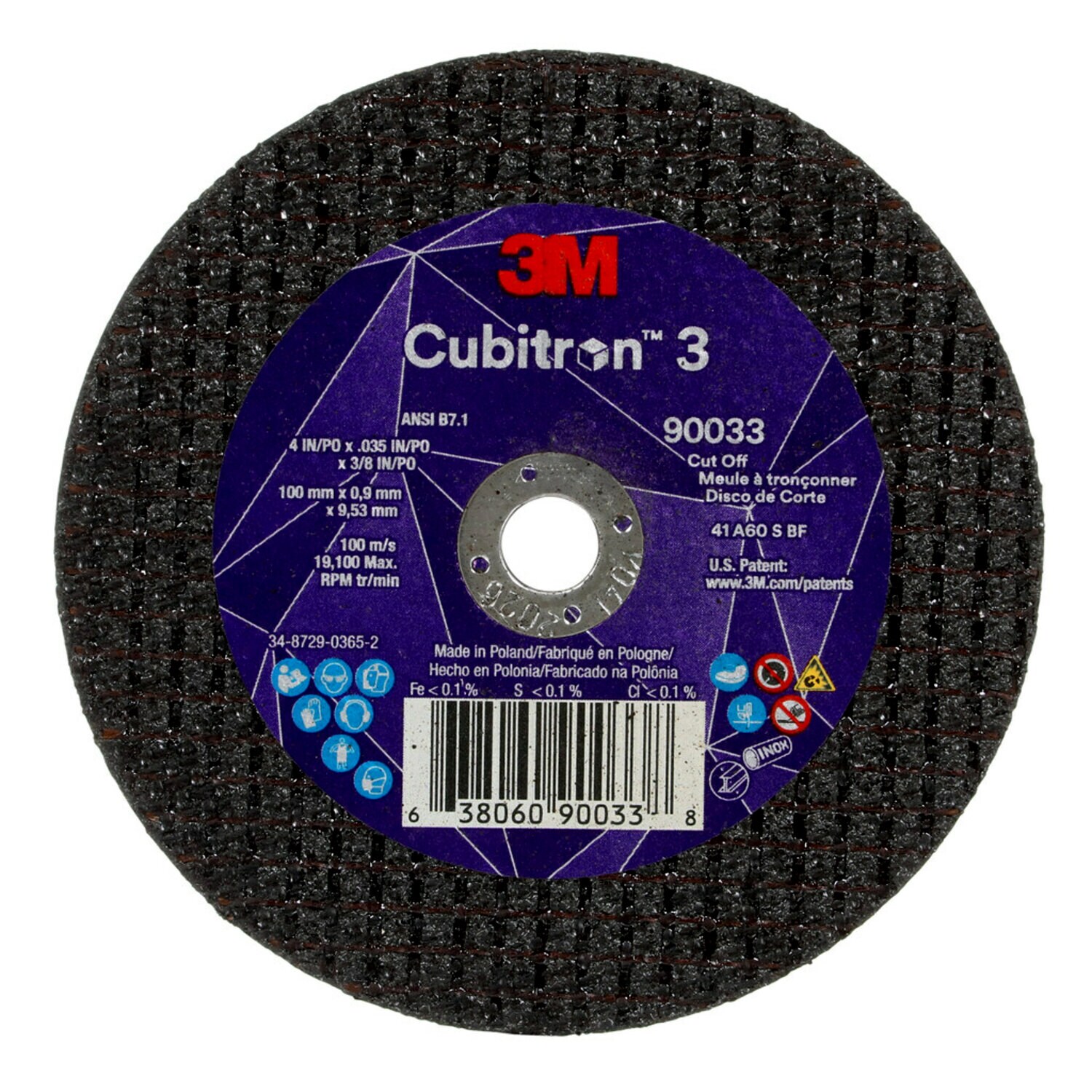 7100303857 - 3M Cubitron 3 Cut-Off Wheel, 90033, 60+, T1, 4 in x 0.035 in x 3/8 in (100 x 0.9 x 9.53 mm), ANSI, 25/Pack, 50 ea/Case