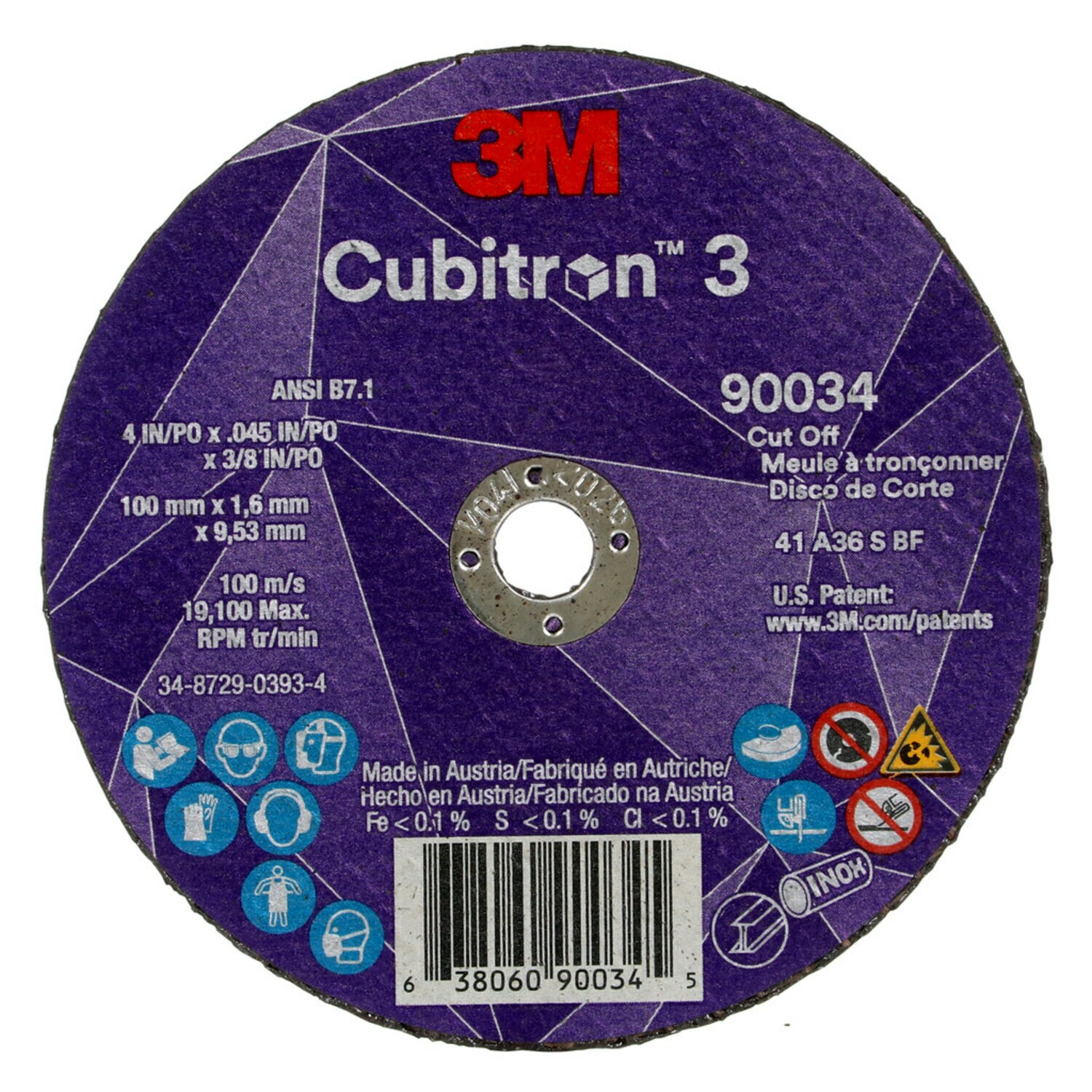 7100304004 - 3M Cubitron 3 Cut-Off Wheel, 90034, 36+, T1, 4 in x 0.045 in x 3/8 in (100 x 1.6 x 9.53 mm), ANSI, 25/Pack, 50 ea/Case