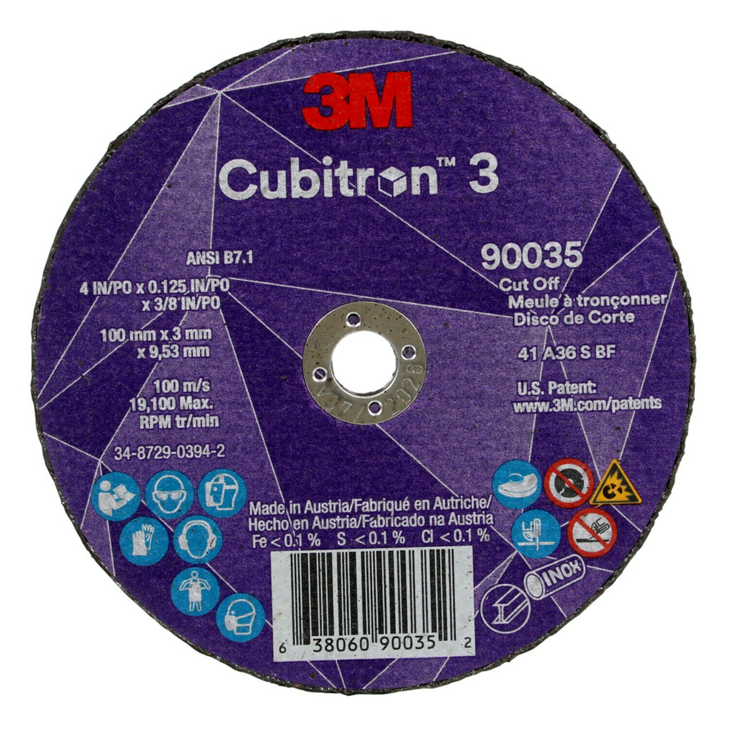 7100304005 - 3M Cubitron 3 Cut-Off Wheel, 90035, 36+, T1, 4 in x 1/8 in x 3/8 in (100 x 3 x 9.53 mm), ANSI, 25/Pack, 50 ea/Case