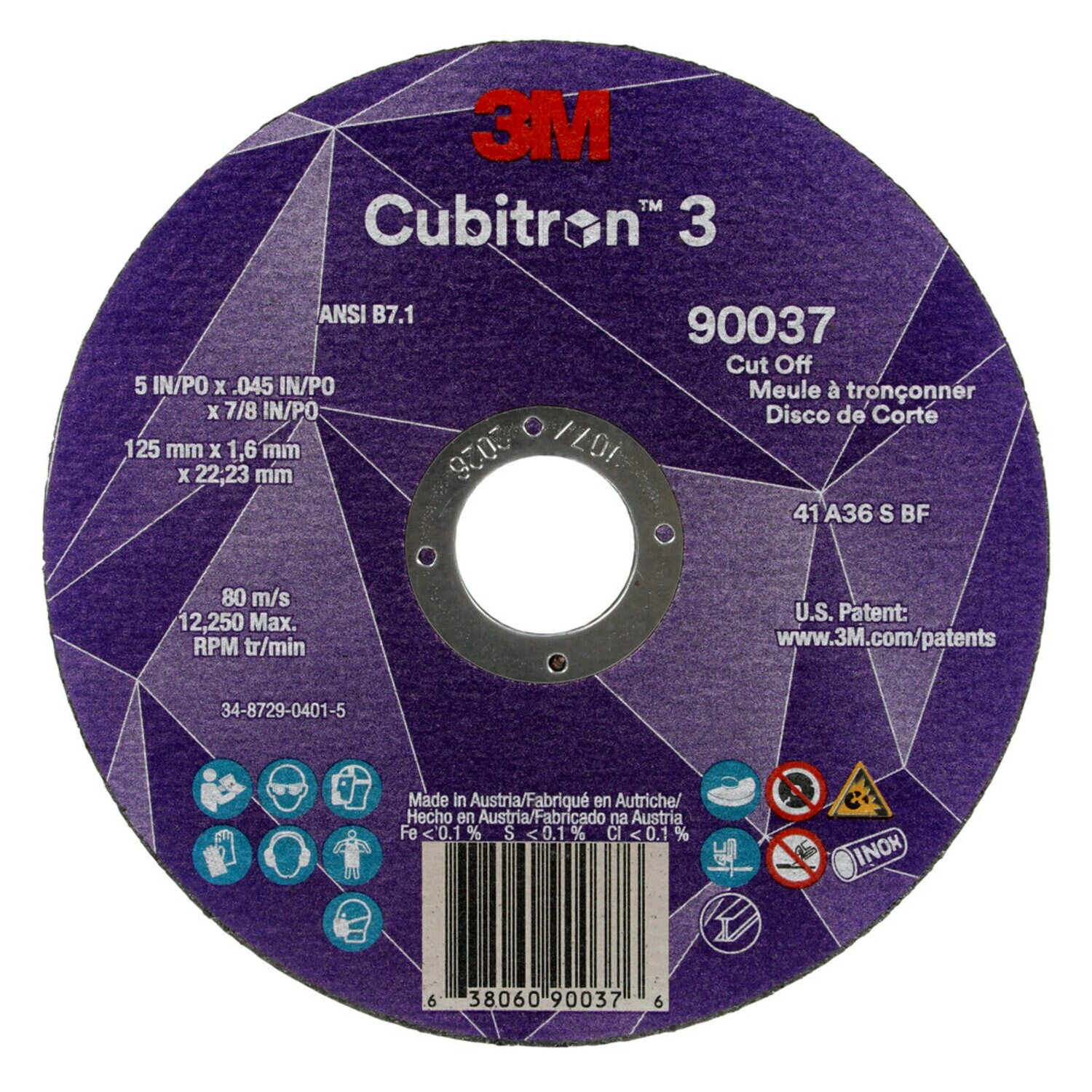 7100304007 - 3M Cubitron 3 Cut-Off Wheel, 90037, 36+, T1, 5 in x 0.045 in x 7/8 in
(125 x 1.6 x 22.23 mm), ANSI, 25/Pack, 50 ea/Case