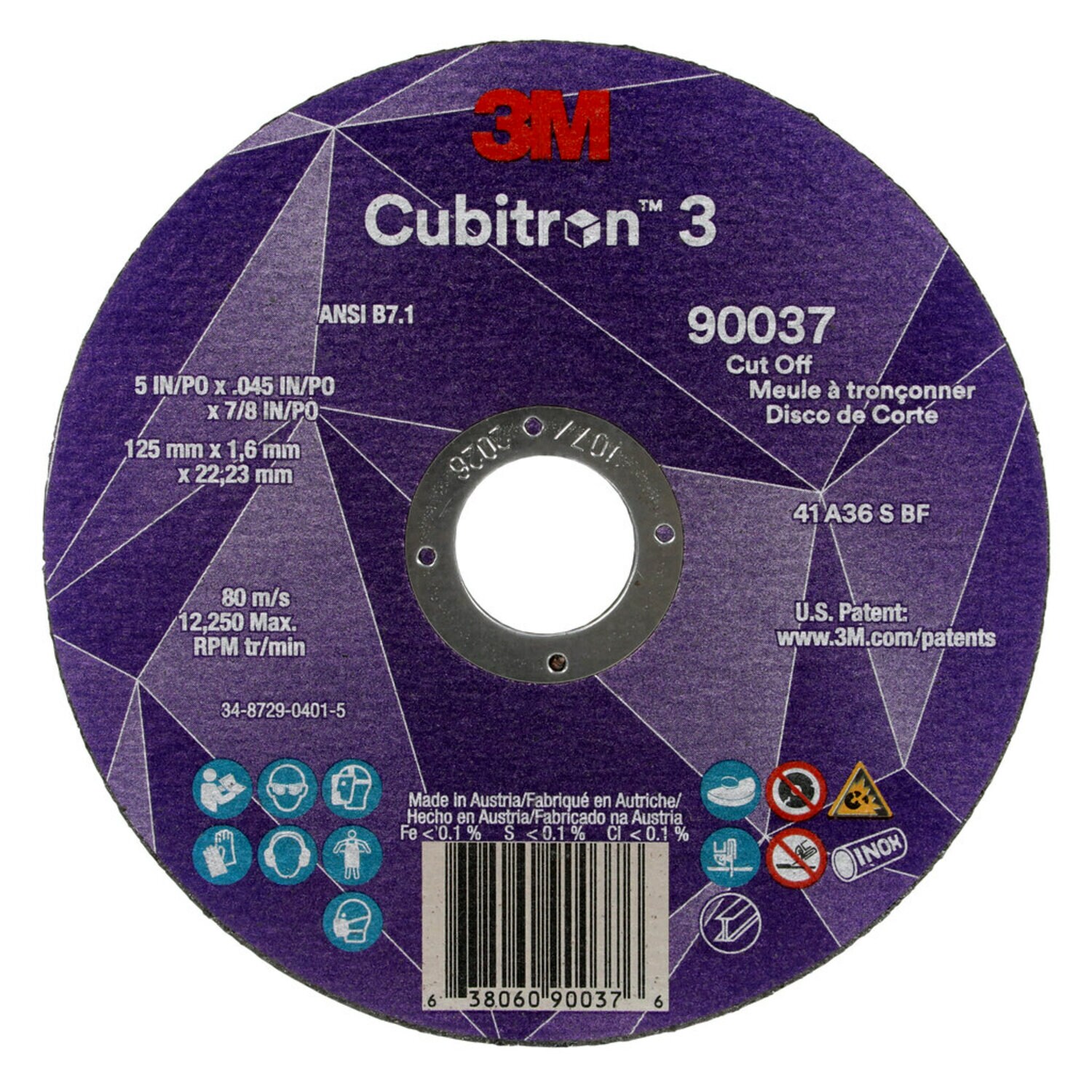 7100304007 - 3M Cubitron 3 Cut-Off Wheel, 90037, 36+, T1, 5 in x 0.045 in x 7/8 in (125 x 1.6 x 22.23 mm), ANSI, 25/Pack, 50 ea/Case