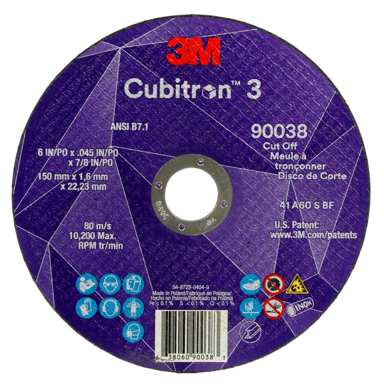 7100399069 - 3M Cubitron 3 Cut-Off Wheel, 90038, 60+, T1, 6 in x 0.045 in x 7/8 in (150 x 1.6 x 22.23 mm), ANSI, 25/Pack, 50 ea/Case