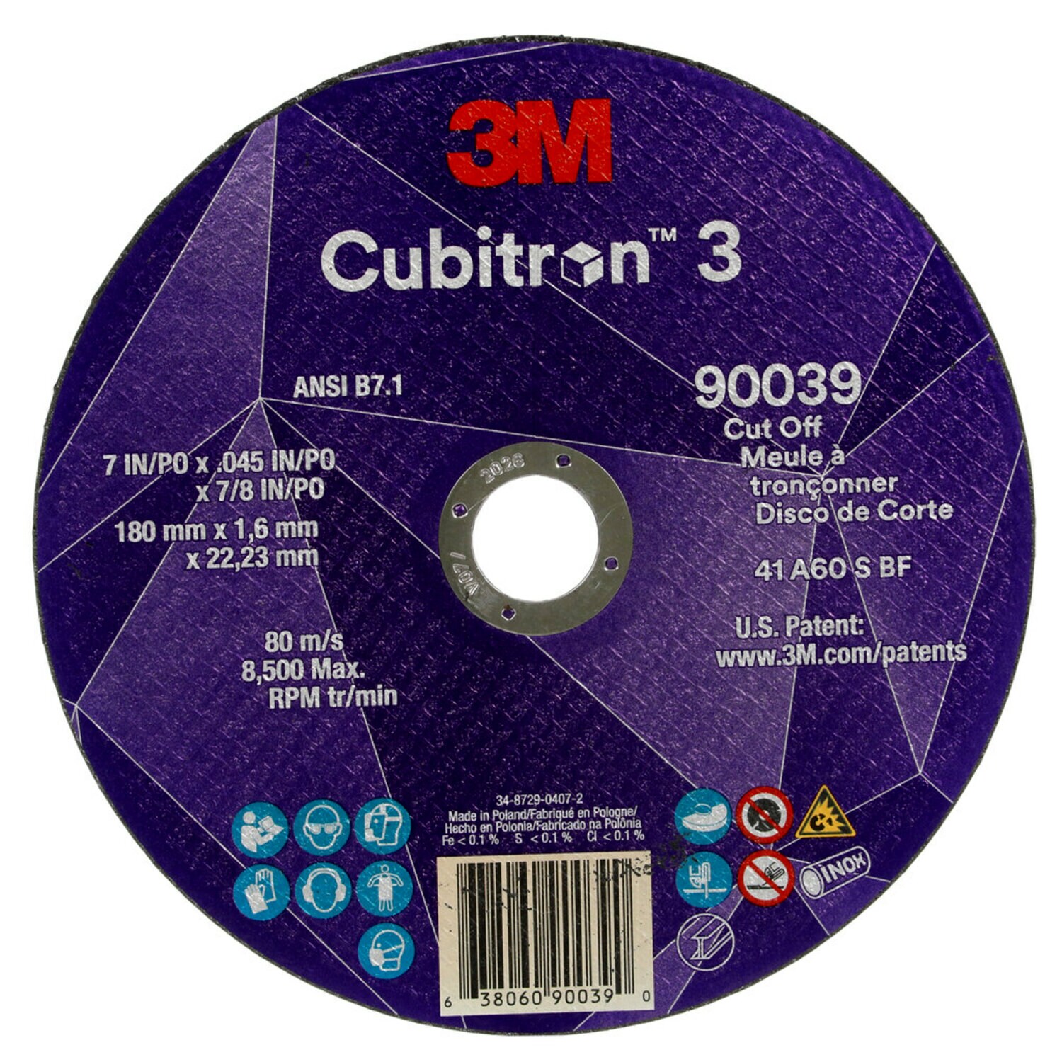 7100313189 - 3M Cubitron 3 Cut-Off Wheel, 90039, 60+, T1, 7 in x 0.09 in x 7/8 in
(180 x 2 x 22.23 mm), ANSI, 25/Pack, 50 ea/Case