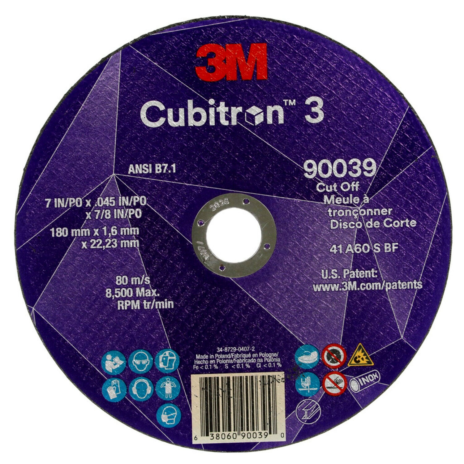 7100313189 - 3M Cubitron 3 Cut-Off Wheel, 90039, 60+, T1, 7 in x 0.45 in x 7/8 in(180 x 1.6 x 22.23 mm), ANSI, 25/Pack, 50 ea/Case