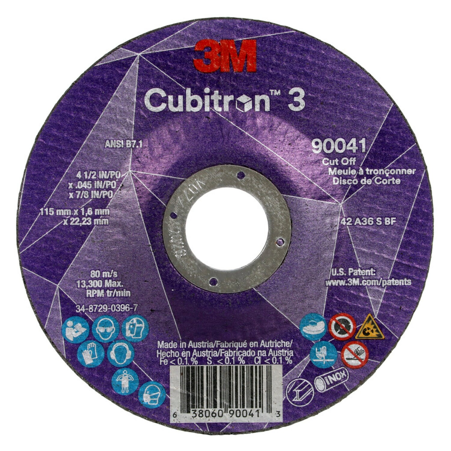 7100304008 - 3M Cubitron 3 Cut-Off Wheel, 90041, 36+, T27, 4-1/2 in x 0.045 in x
7/8 in (115 x 1.6 x 22.23 mm), ANSI, 25/Pack, 50 ea/Case