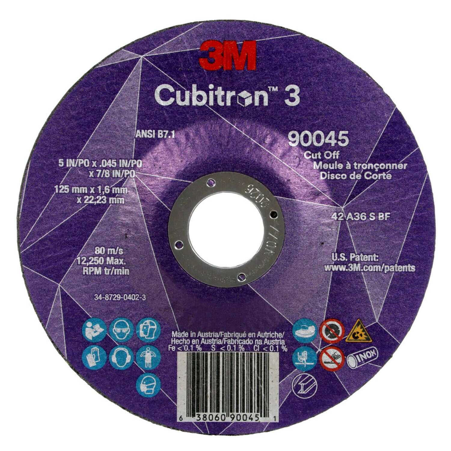 7100304010 - 3M Cubitron 3 Cut-Off Wheel, 90045, 36+, T27, 5 in x 0.045 in x 7/8 in
(125 x 1.6 x 22.23 mm), ANSI, 25/Pack, 50 ea/Case