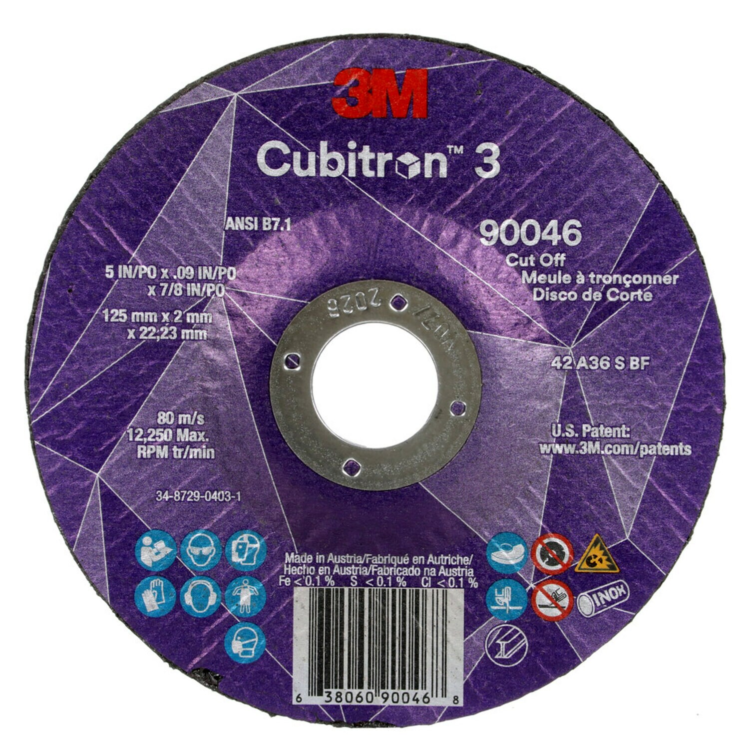 7100304011 - 3M Cubitron 3 Cut-Off Wheel, 90046, 36+, T27, 5 in x 0.09 in x 7/8 in (125 x 2 x 22.23 mm), ANSI, 25/Pack, 50 ea/Case