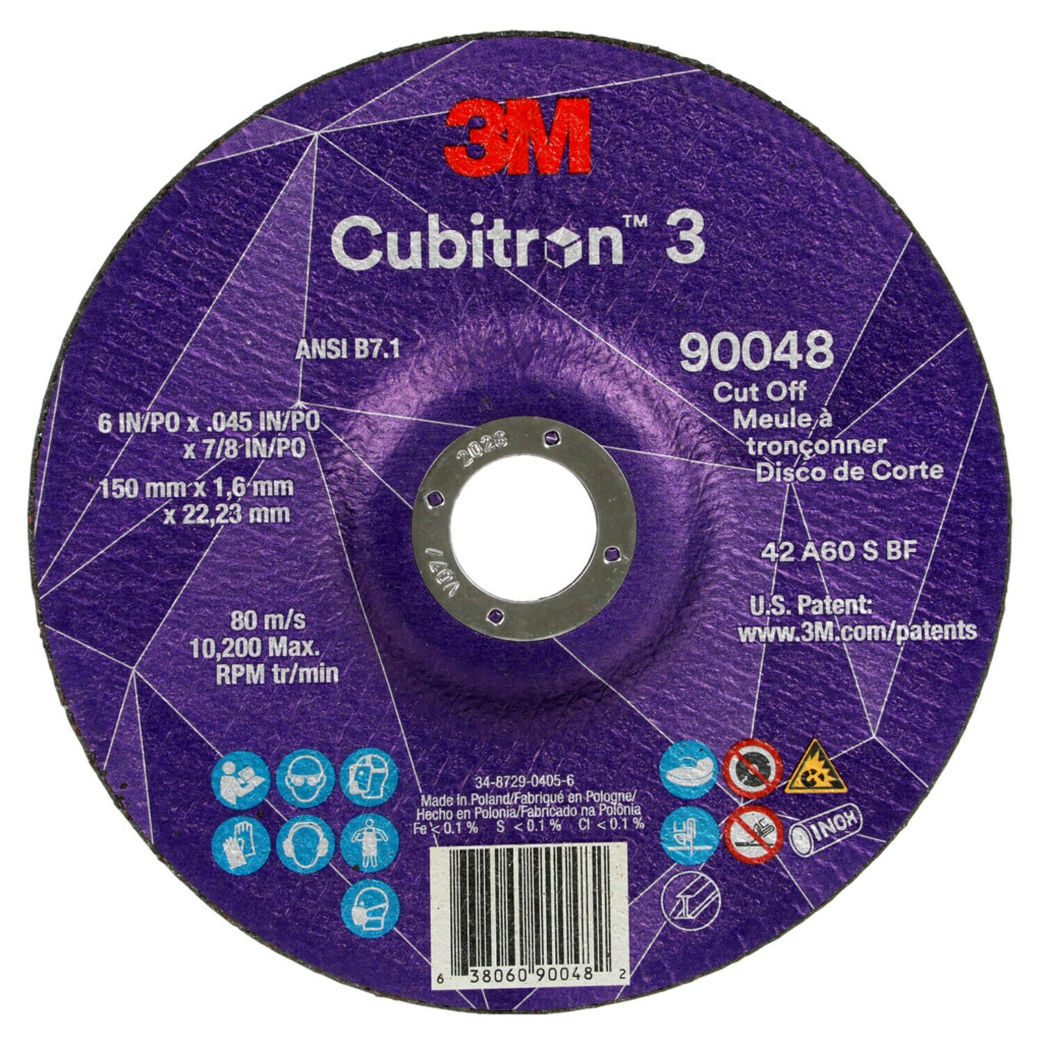 7100313201 - 3M Cubitron 3 Cut-Off Wheel, 90048, 60+, T27, 6 in x 0.045 in x 7/8 in
(150 x 1.6 x 22.23 mm), ANSI, 25/Pack, 50 ea/Case