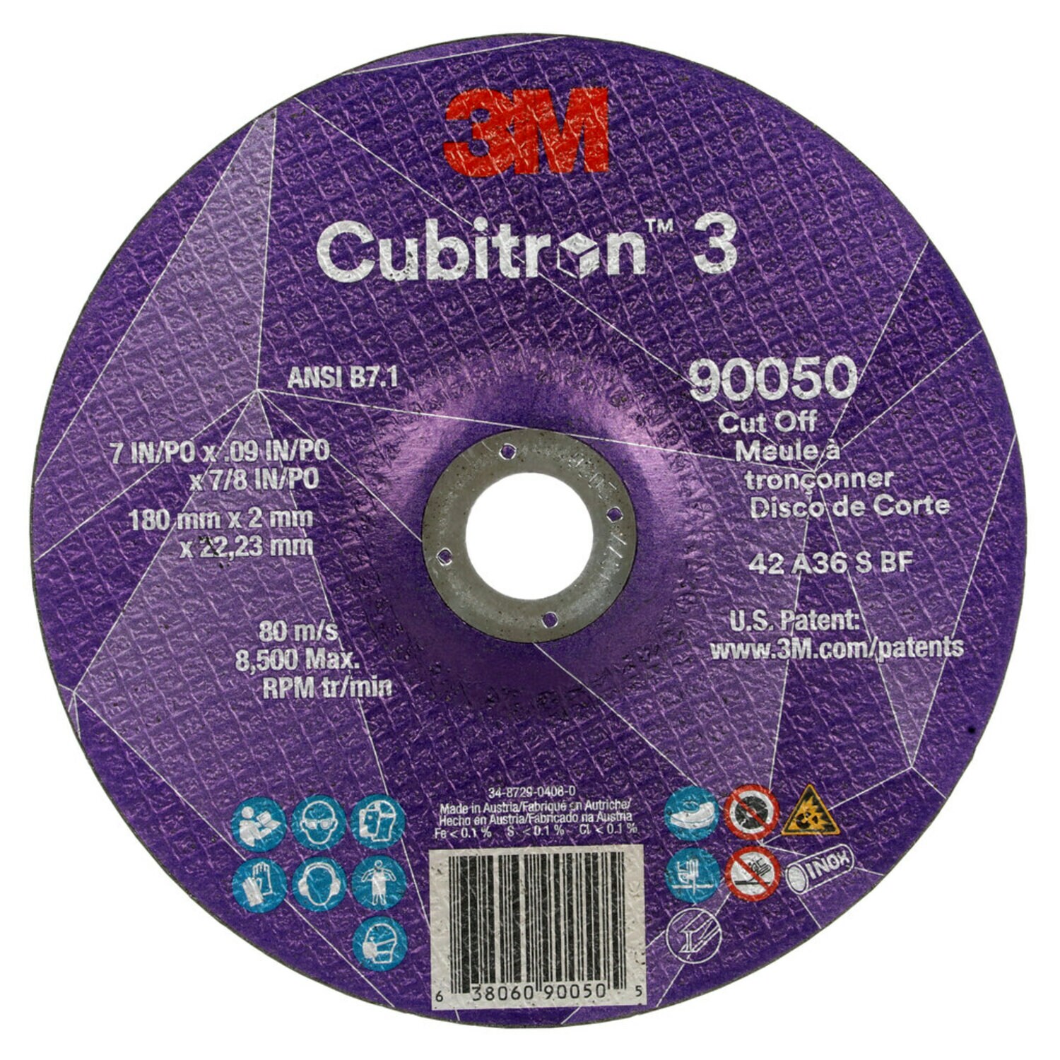 7100313191 - 3M Cubitron 3 Cut-Off Wheel, 90050, 36+, T27, 7 in x 0.09 in x 7/8 in
(180 x 2 x 22.23 mm), ANSI, 25/Pack, 50 ea/Case