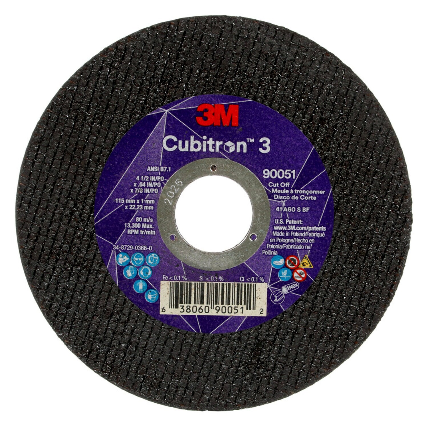 7100304307 - 3M Cubitron 3 Cut-Off Wheel, 90051, 60+, T1, 4-1/2 in x 0.04 in x 7/8 in (115 x 1 x 22.23 mm), ANSI, 25/Pack, 50 ea/Case
