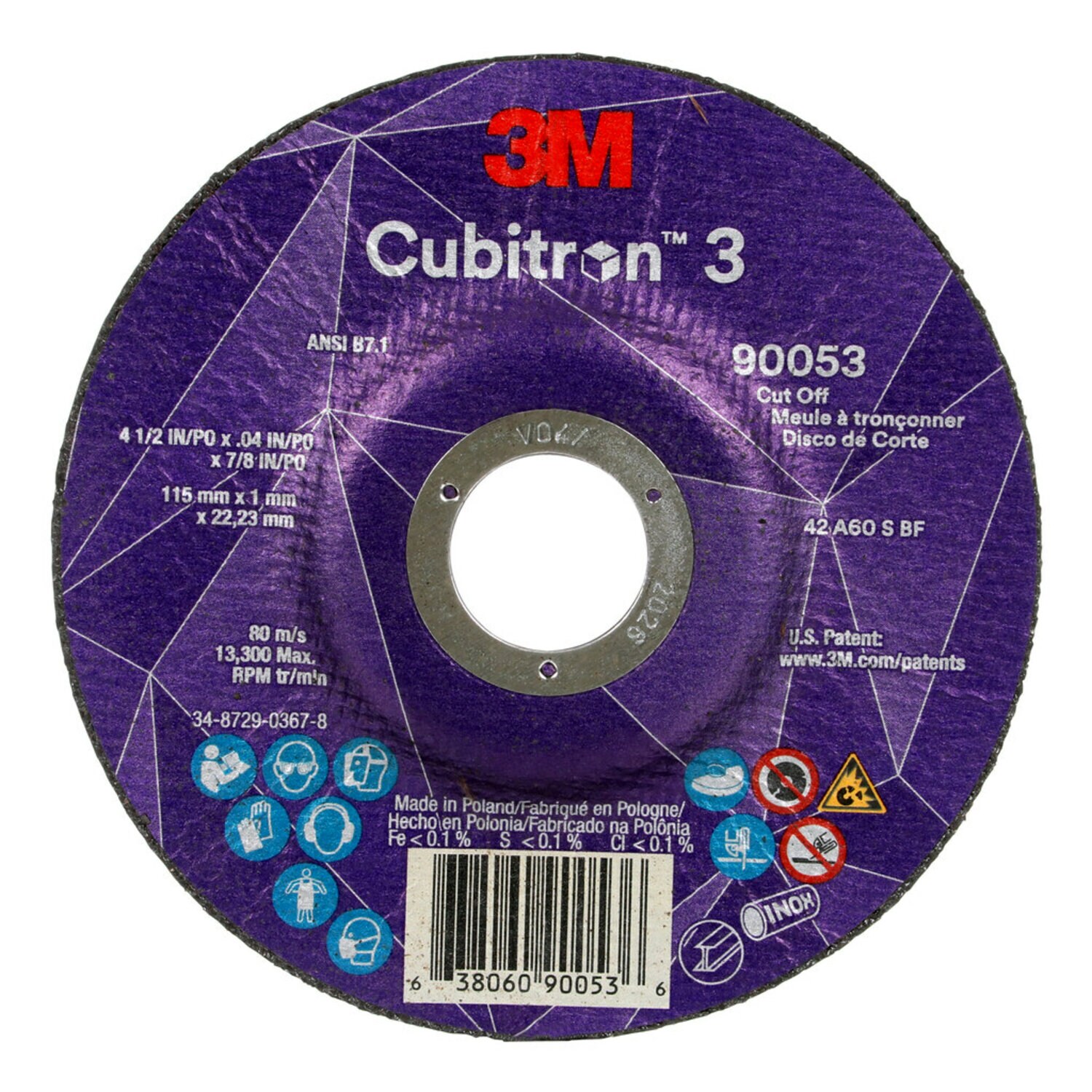 7100304308 - 3M Cubitron 3 Cut-Off Wheel, 90053, 60+, T27, 4-1/2 in x 0.04 in x 7/8 in (115 x 1 x 22.23 mm), ANSI, 25/Pack, 50 ea/Case